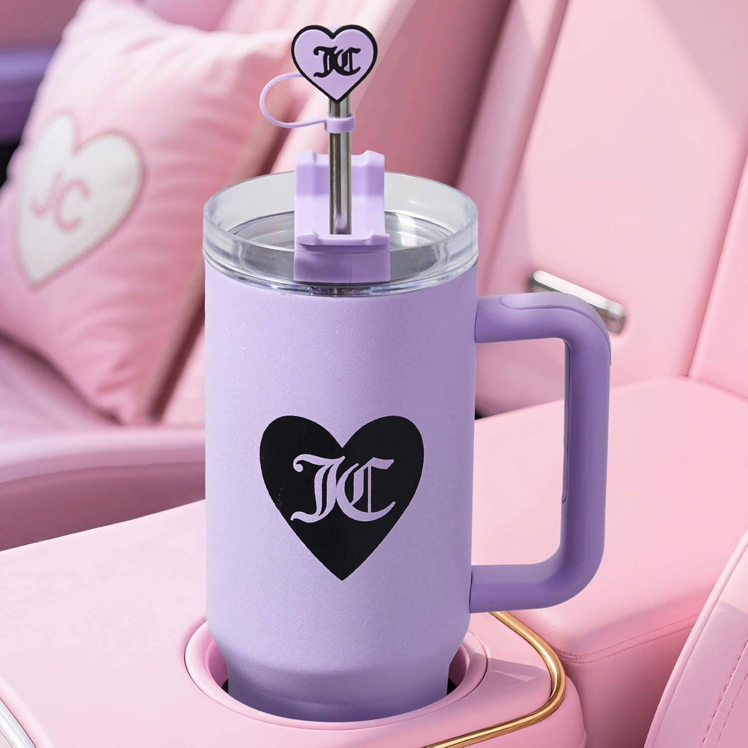 Juicy Couture Jetsetter 40oz Tumbler with Handle and Straw Topper, Glitter Purple - Image 3
