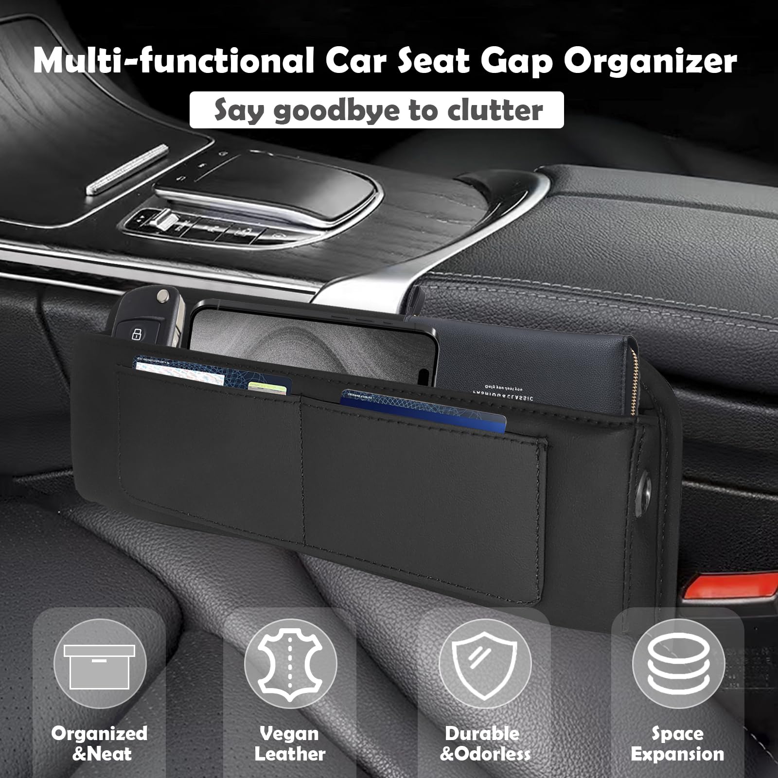 2 packs,Car Leather Seat Gap Filler Organizer and Front Seat Organizer,Center Console Organizer with Card Slots for Car Suv Truck,Fill The Gap Between Seat and Console,Store Phone,Credit Cards,Keys
