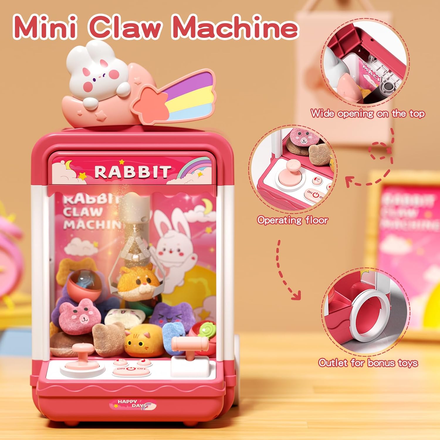 Kids Claw Machine, Mini Candy Vending Grabber, Prize Dispenser Toys for Girls and Boys, Electronic Claw Game Machine for Party Birthdays with Lights Sound, Includes 10 Plush and 10 Mini Toys