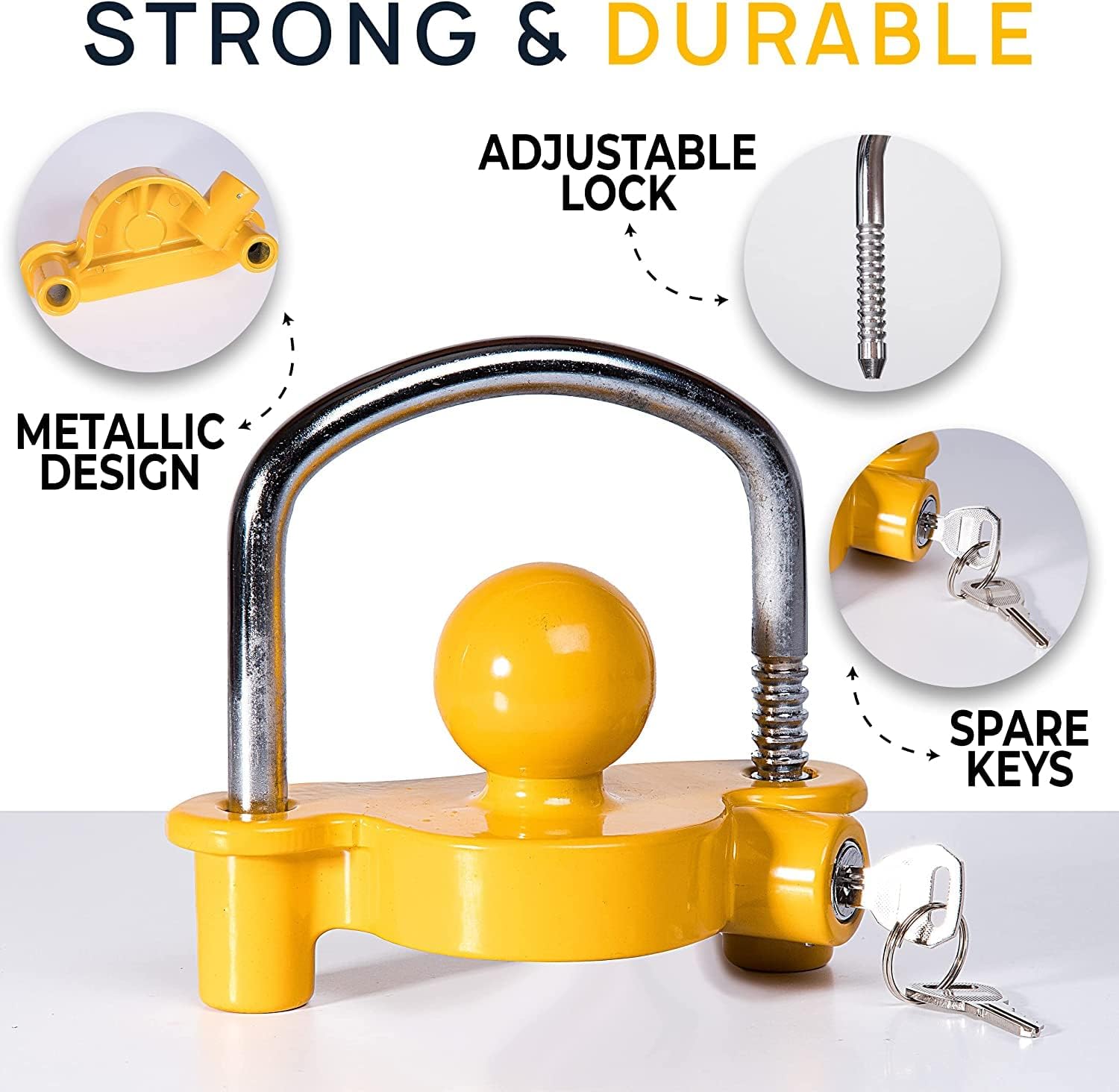 VaygWay Trailer Coupler Lock - 2 Pc. Premium Quality Yellow Universal Anti-Theft Adjustable Storage Security Heavy-Duty Steel Trailer Ball Lock, Security Towing Lock Trailer -Fits 1-7/8",2”, 2-5/16"