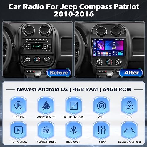 Miniatura 8 de Android 11 para Jeep Patriot Compass 2010-2016 Radio, 2G RAM 32G ROM 10 pulgadas pantalla táctil estéreo para coche con reproductor automático
