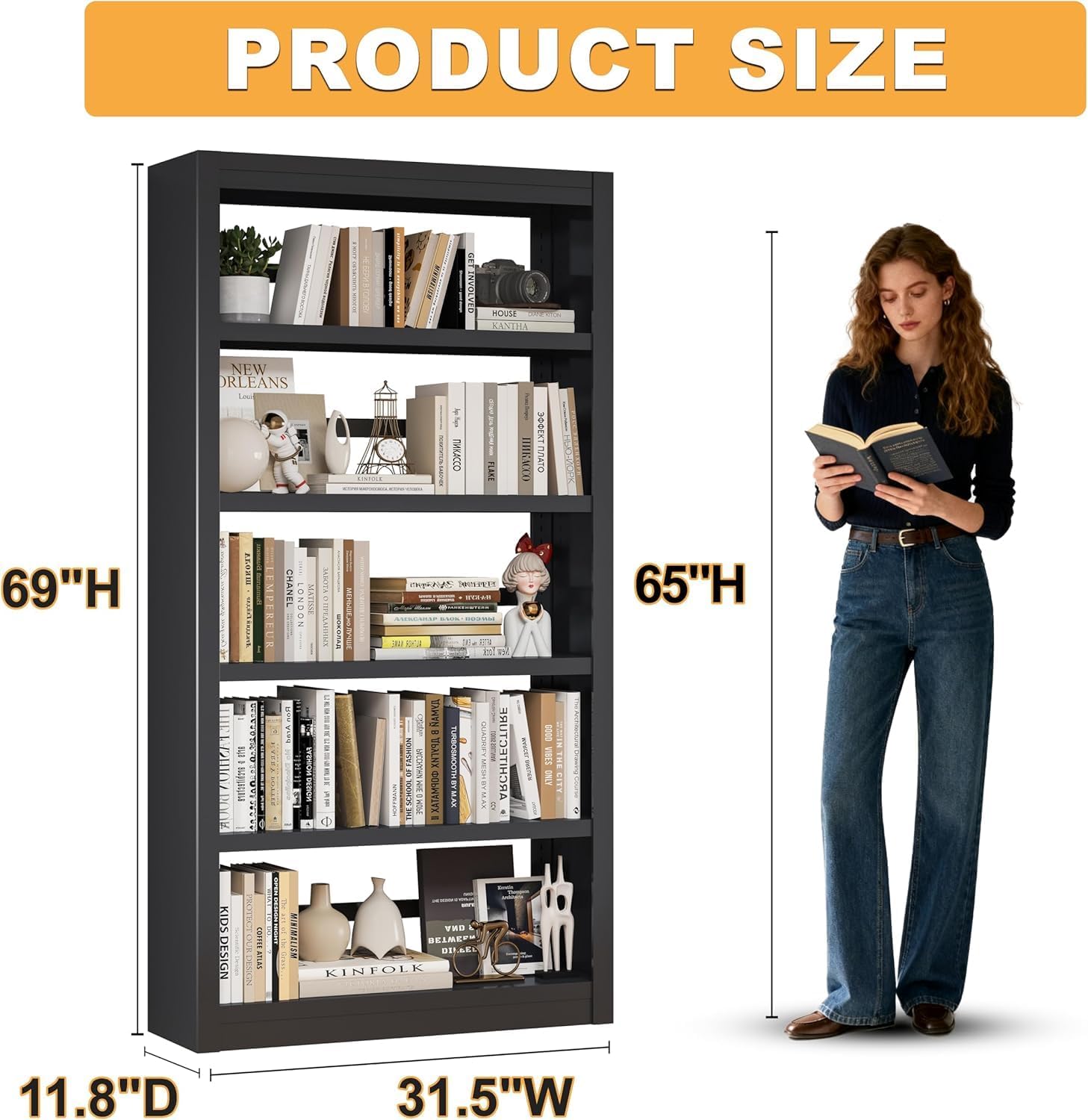 69” Tall Metal Bookshelf, 5-Tier Bookcase with Adjustable Shelves, Floor Standing Open Storage Shelf for Home Office, Living Room, Library, Black/Large – 180 lbs Per Shelf, 69" HX31.5 W
