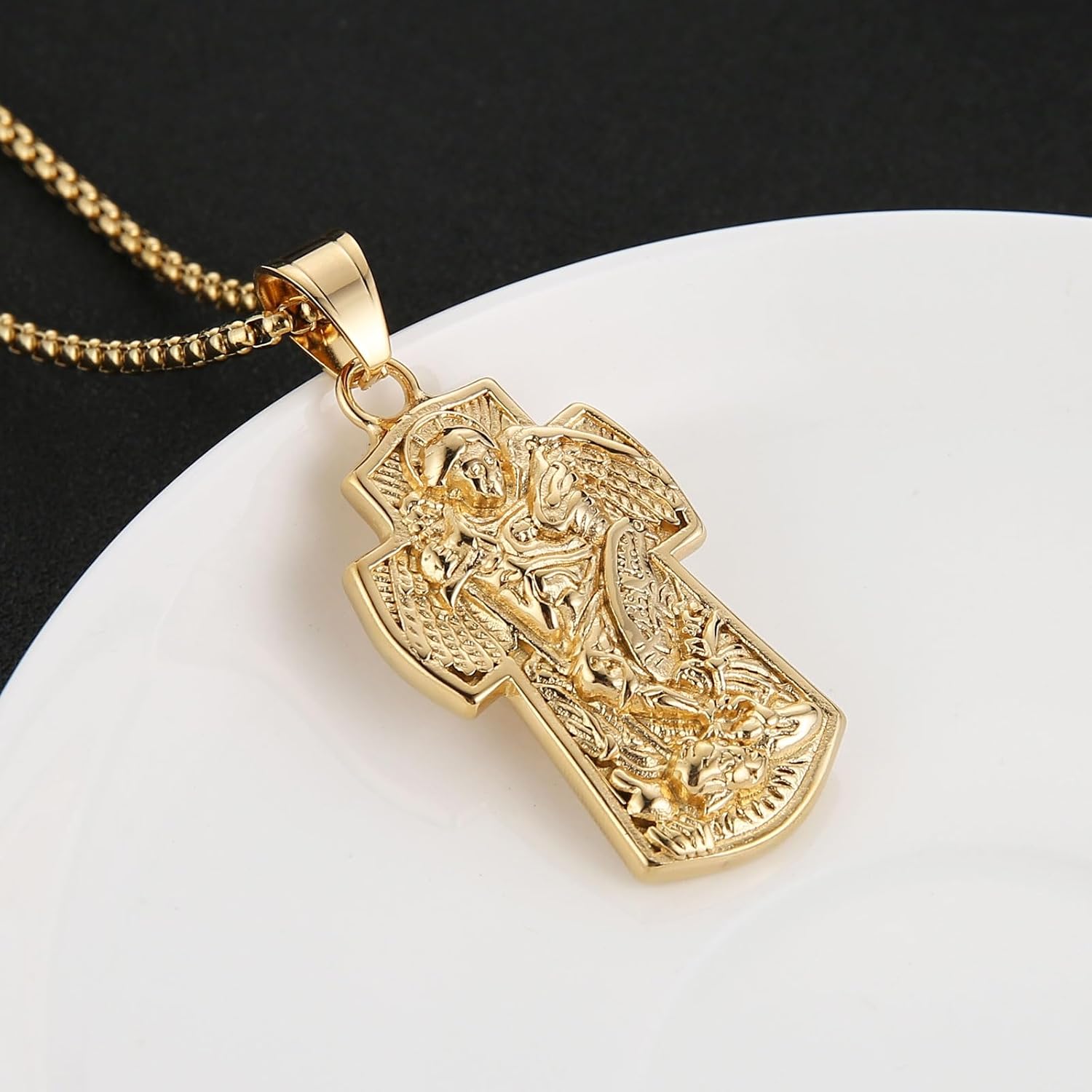 HZMAN 14K Gold Plated Archangel Saint Michael Stainless Steel Exorcist Hunter Cross Necklace - Image 4