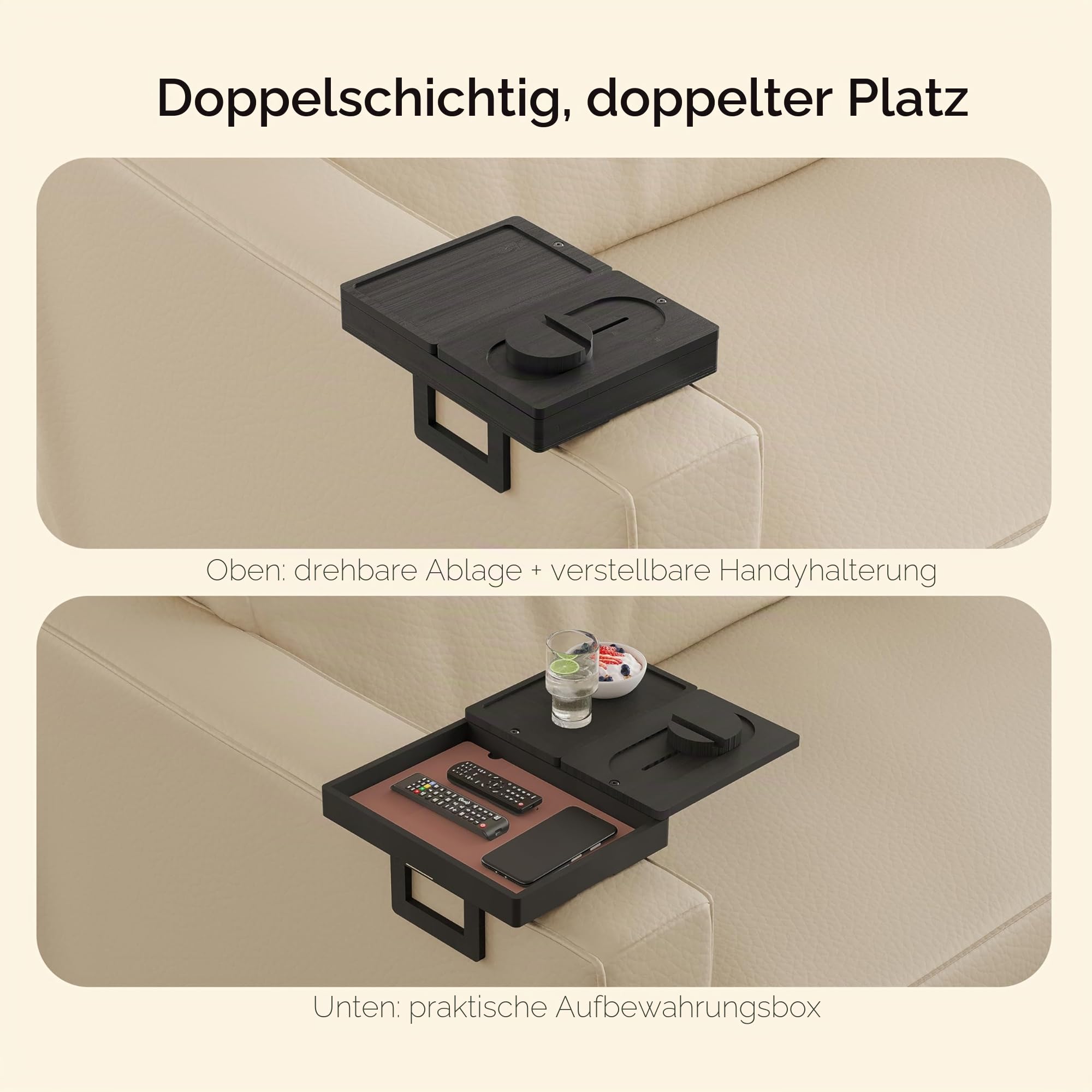 Wealone Couch Arm Tablett mit 2 Drehbarem Tablett, Schwarzer Verstellbarer Sofa Arm Clip Tisch mit Aufbewahrungsbox & 360°Phone Halter, Couch Armlehnentisch für Snacks, Getränke, Essen