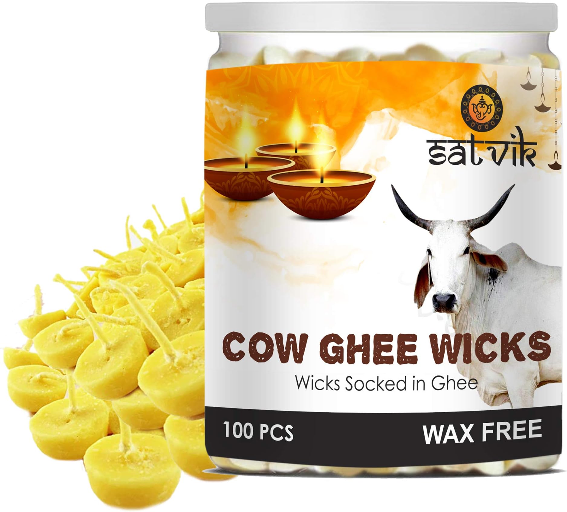 SATVIK 100 Pc Pure Cow Ghee Wicks for Puja (Upto 30 Mins) Pooja Home and Mandir. Nitya Pujan Readymade Ghee Diya Jyot Pujan Indian Housewarming Return Gift Items Accessories. Diwali Cotton Wicks