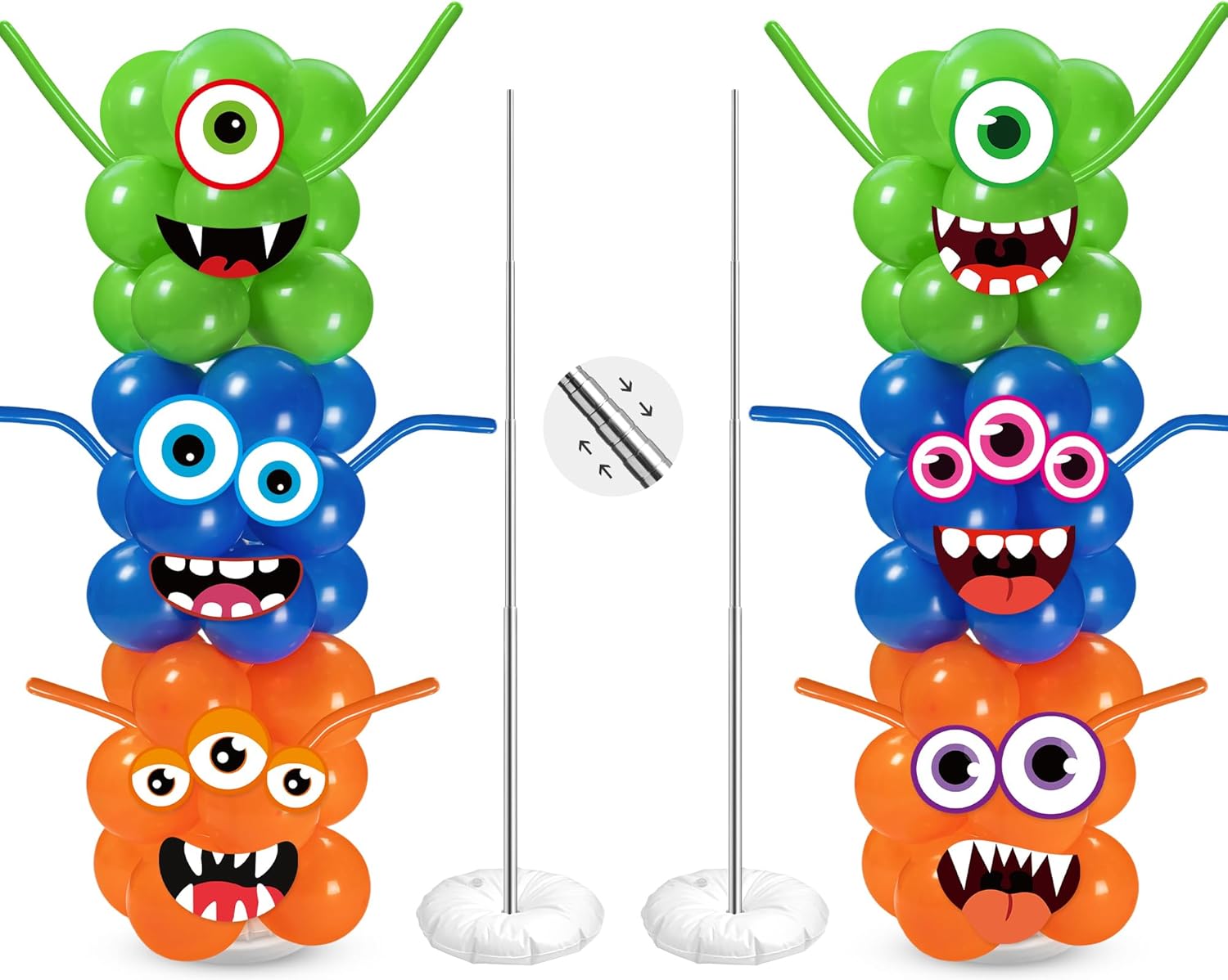 Gemscream 2 Set Monster Theme Halloween Balloon Column Stand Kit Balloon Party Decor Includes Balloons Big Eye Stickers Adjustable Stands Accessories for Kids Monsters Theme Birthday Baby Shower Party
