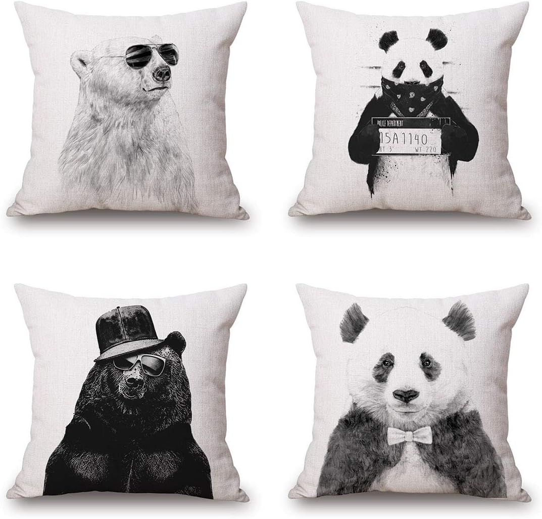 JES&MEDIS Lovely Animals Panda/Sea Lion Pattern Linen Cotton Square Throw Pillow Case Home Decorative Pillowcase Cushion Cover for Sofa Bed,18" x 18",4 PCS Set
