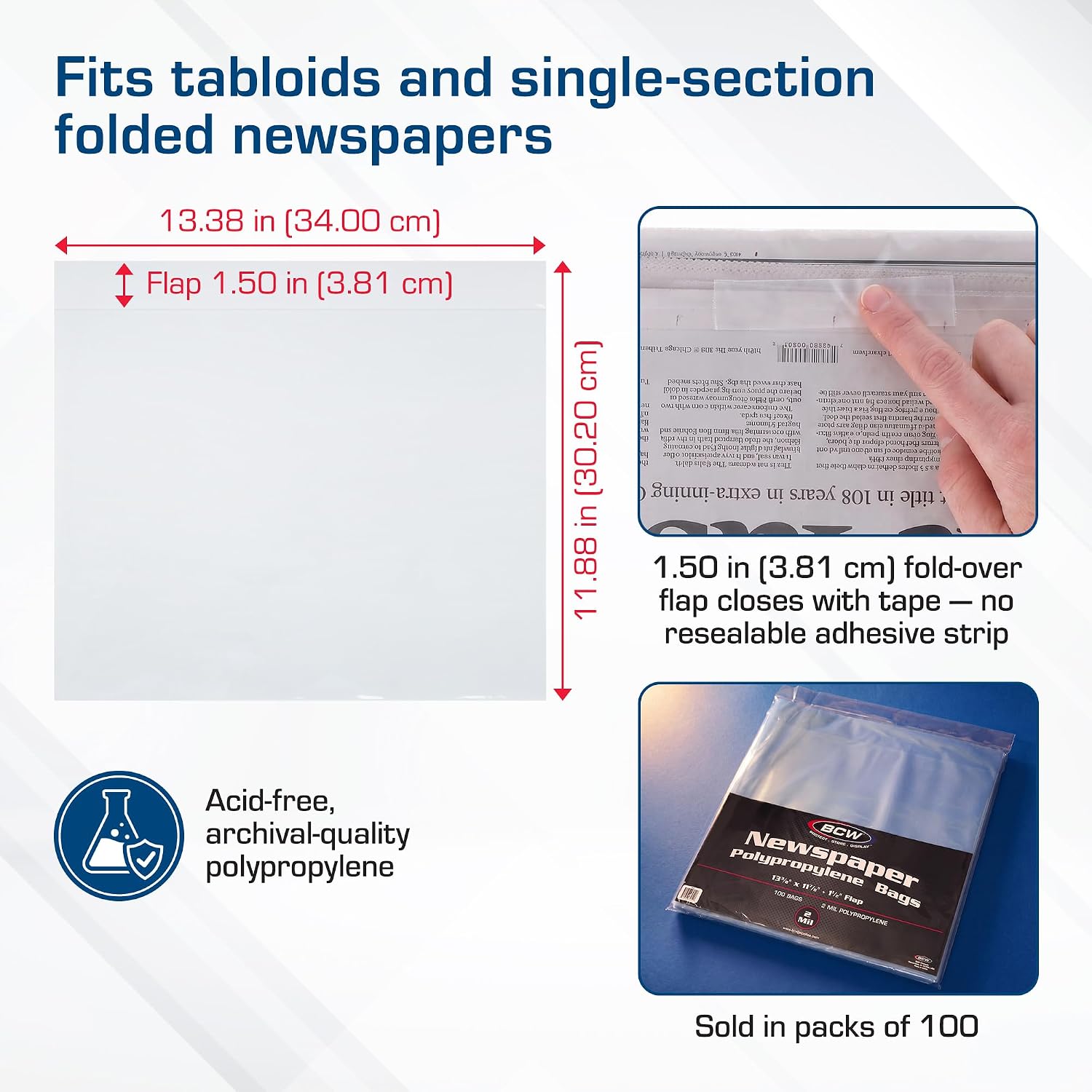 BCW Newspaper Bags – 100ct | Acid-Free Newspaper Protector Sleeves | 13 3/8" x 11 7/8" | 1½" Fold-Over Flap Closure | Clear Archival Newspaper Storage Bags image 5