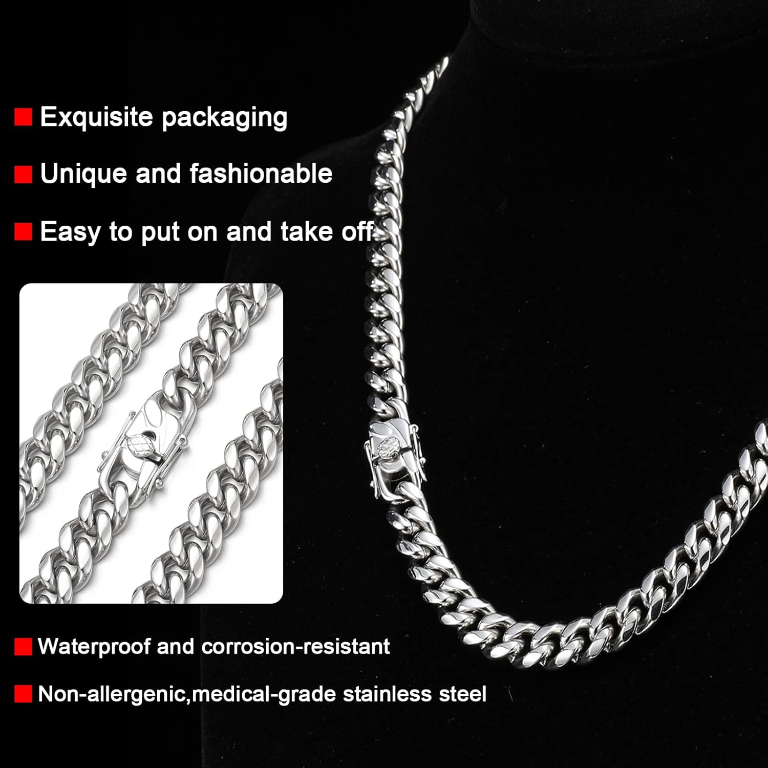 Miniatura 5 de Cuban Chain Necklace for Men Women 18k Silver Gold Stainless Steel Cuban Chains 8mm 10mm Width Fashion Hip Hop Jewelry