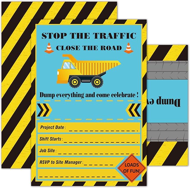 WERNNSAI Construction Dump Truck Party Invitations with Envelopes  20 Set Double Sided Large 12.5 x 18cm Birthday Invitation Cards for Boys