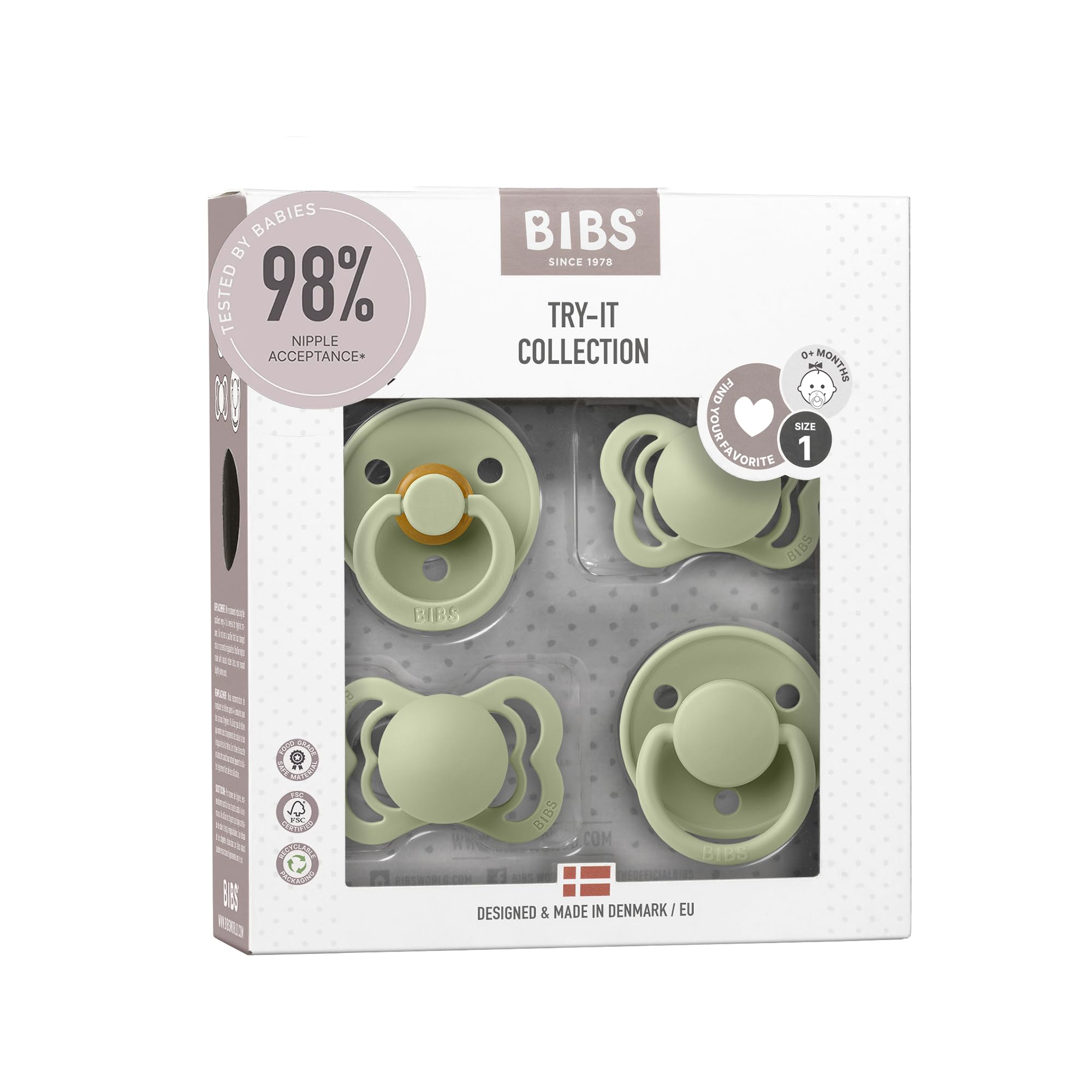 BIBS Schnuller 4er-Pack, Try it starter pack, BPA-frei, Kirschform, Symmetrische und Kiefergerechte Sauger. Naturkautschuk/Silikon, Hergestellt in Dänemark. 0-6 Monate (4er Pack), Sage