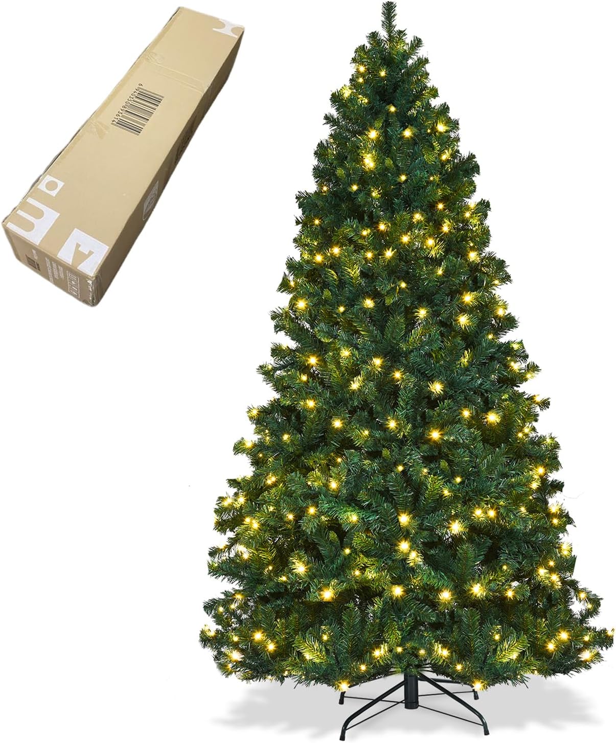 ERGOMASTER 7.5FT Pre-lit Artificial Christmas Tree with Lights, Fake Green Xmas Tree with 1346 Hinged Branch Tips, 400 LED Warm White Incandescent Lights & Foldable Metal Stand for Holiday Home Party