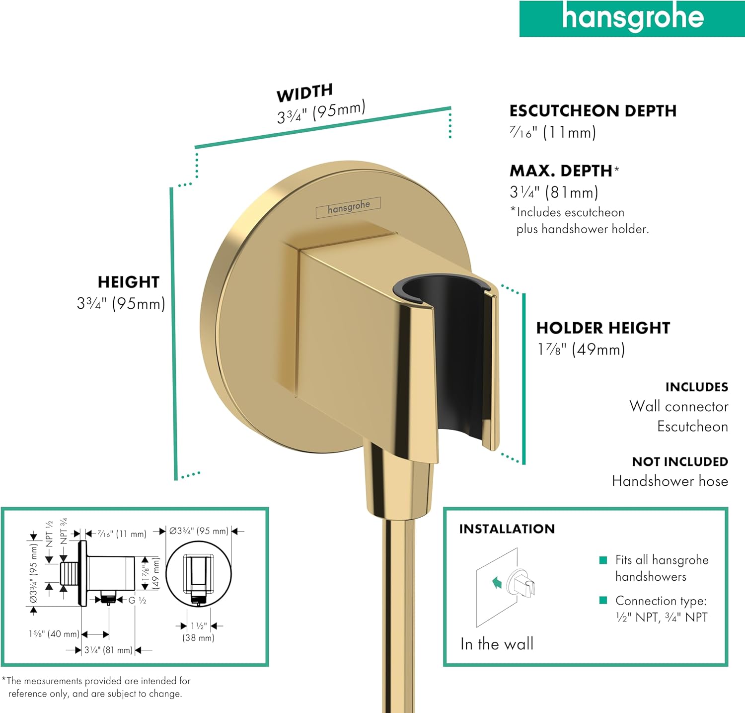 hansgrohe Handheld Shower Wall Outlet 1/2-inch Thread Connection in Polished Gold Optic, 26888991