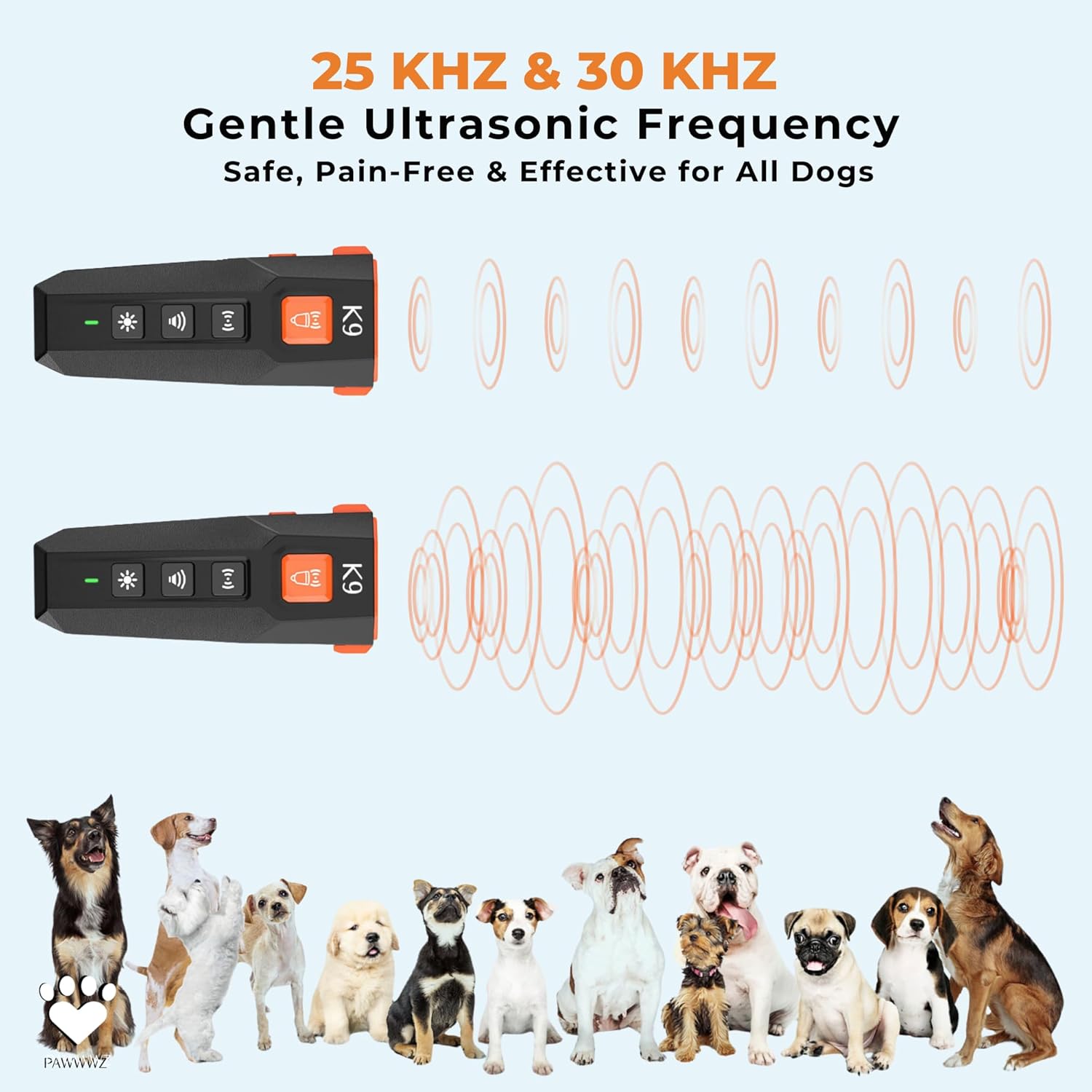 K9 Dog bark Deterrent – Humane Way - No-Shock Dog Barking Deterrent & Trainer - 2 in 1 Trainer and Powerful LED Flashlight - Rechargeable - IPX4 Water Resistance, Indoor, Outdoor Use