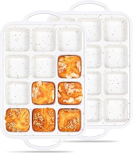 2 moldes para brownie con divisores de silicona antiadherentes, mini moldes individuales individuales para magdalenas cuadradas de 12 tazas con
