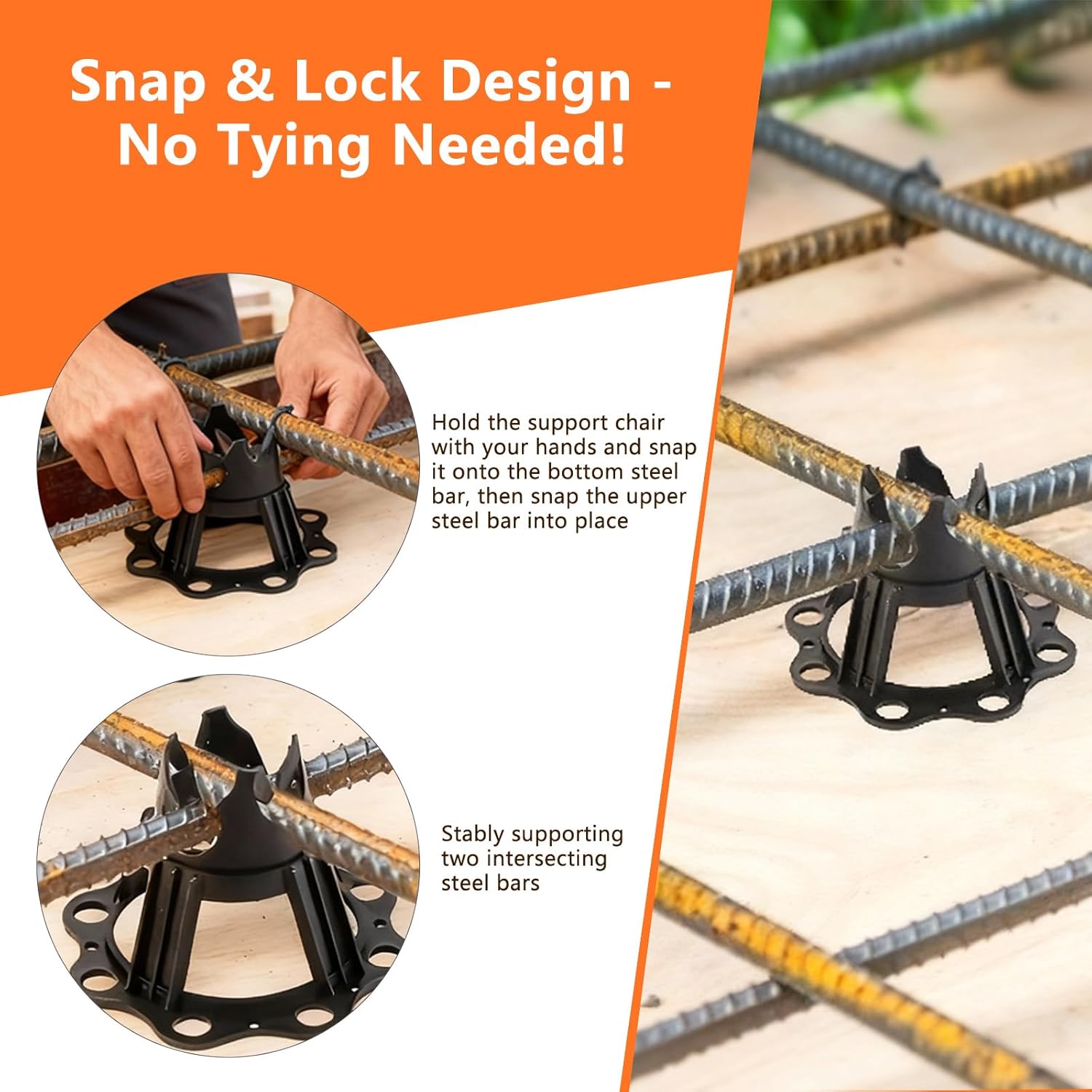 100 Pcs Rebar Chairs, Heavy Duty Plastic Rebar Stands & Spacers,Raise the Concrete Chair by 1.5 to 2 inches. Fits #3 to #5, Snap-Lock Design for Concrete Construction, Foundation Slabs