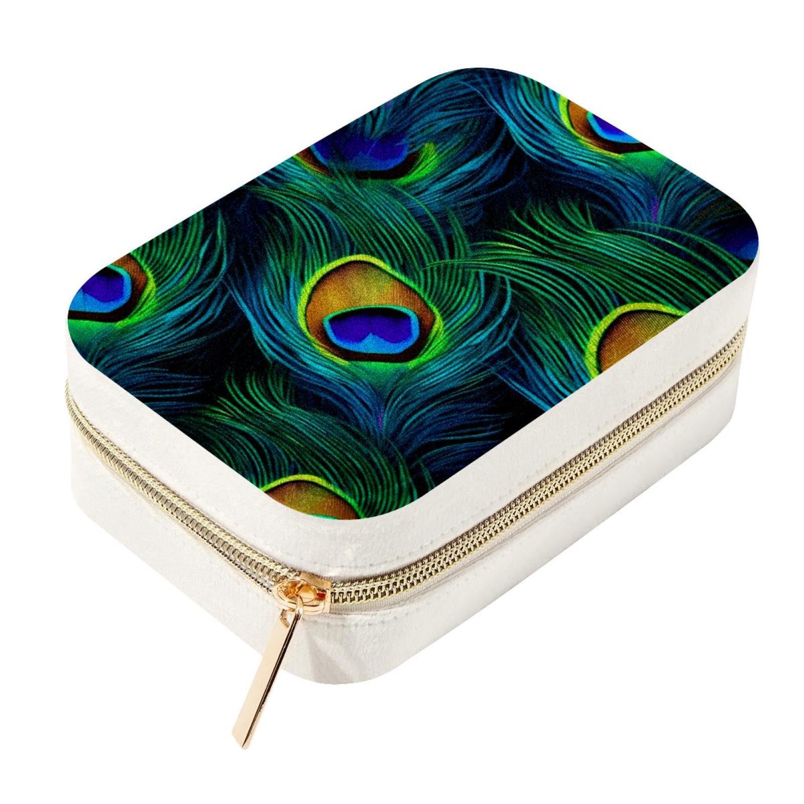 Caja de almacenamiento de joyas de terciopelo con cremallera y diseño de pavo real