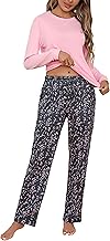 Women's Winter Pajamas Long Cotton Round Neck Pajamas Two Piece Long Sleeves and Trousers with Lightweight Print for Home and Casual XS-XXL