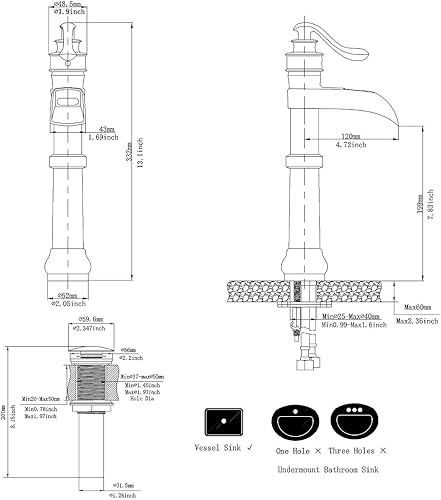 Miniatura 5 de Bathfiness - Grifos de baño de bronce aceitado cascada para fregadero de baño, 1 agujero, mango único con tapón de drenaje emergente, líneas de