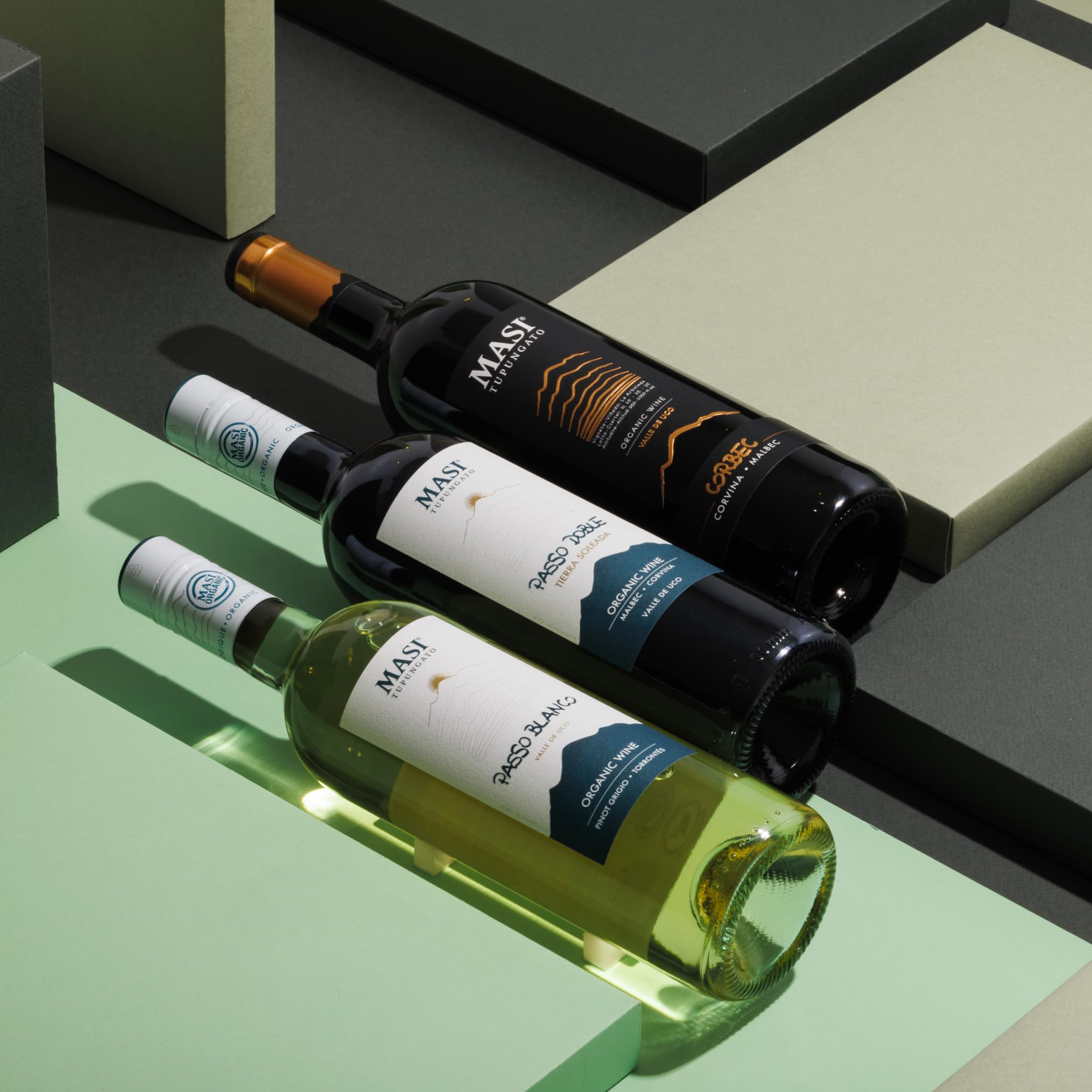 Confezione esclusiva "Masi Tupungato" | CORBEC 2019 Rosso di Argentina BIO, PASSO DOBLE 2021 Rosso di Argentina BIO, PASSO BLANCO 2023 Bianco di Argentina BIO | 3x750 ml | Confezione in legno