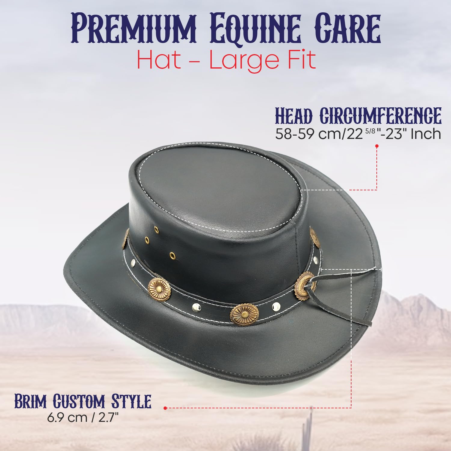 Equine Care Cappello da cowboy in pelle nera (L 58-59 cm) per uomini e donne - Cappello Western Outback in vera pelle bovina spaccata con tesa modellabile da 2,7 ″, banda concho decorativa, cappello
