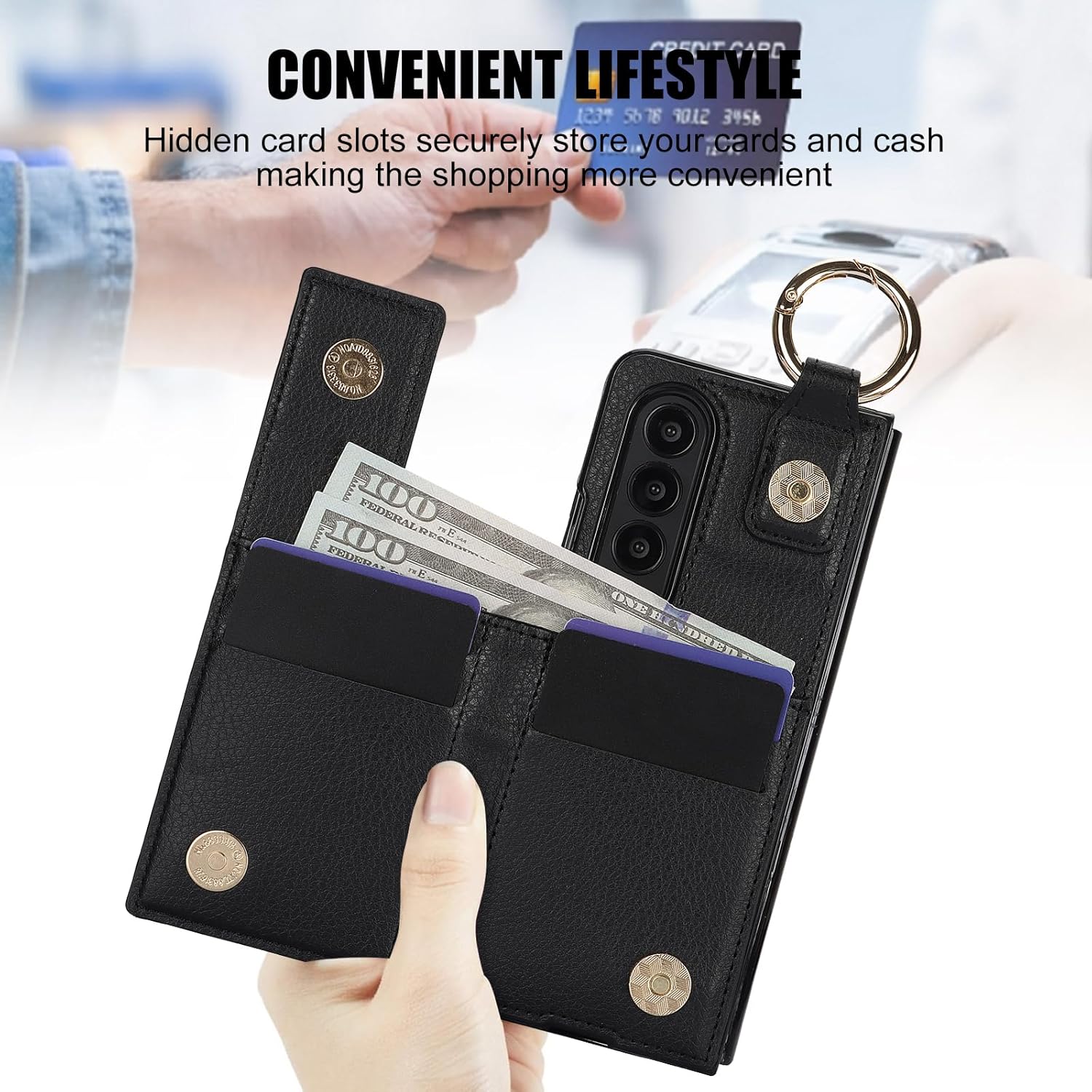 for Samsung Galaxy Z Fold 3 Wallet Case with Zipper and Credit Card Holder, Cash Slot, Premium Leather Magnetic Clasp Kickstand Heavy Duty Ring Protective Cover.(Black)