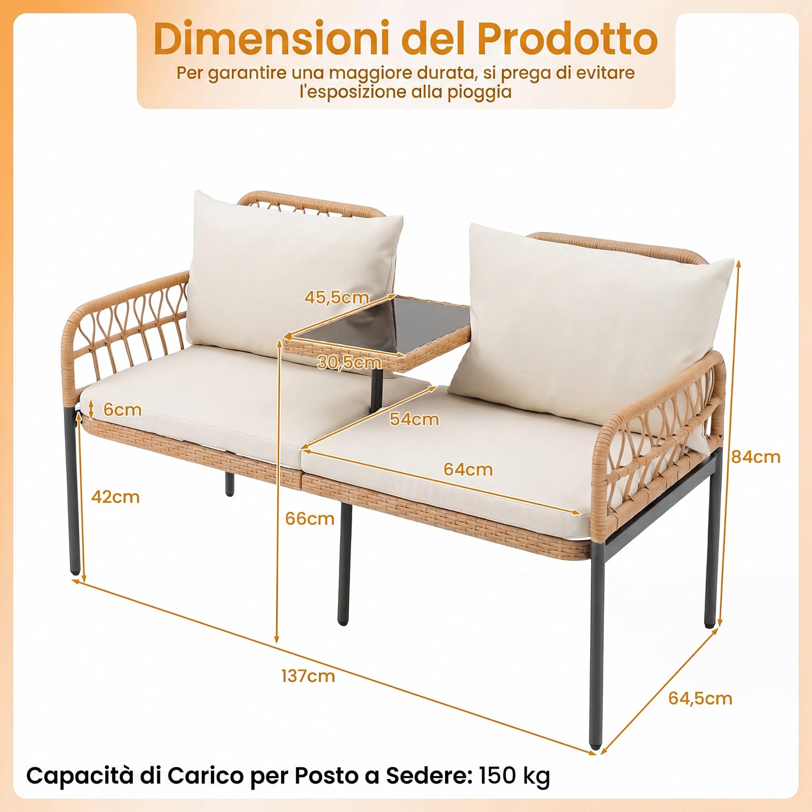 COSTWAY Divano da Giardino in Rattan PE con Tavolino in Vetro Temperato | Panchina Esterno a 2 Posti con Cuscini Imbottiti per Balcone, Terrazza e Cortile, Portata 150 kg