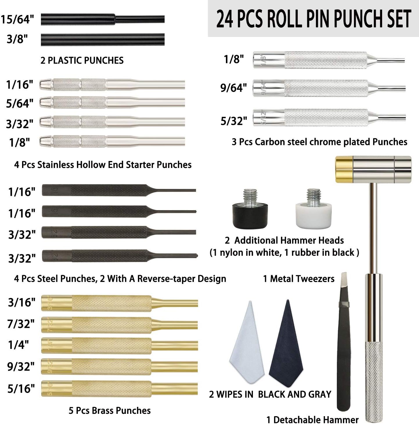 BESTNULE Punch Set, Punch Tools, Roll Pin Punch Set, Made of Solid Material Including Steel Punch and Hammer, Ideal for Machinery Maintenance with Organizer Storage Container (Without Bench Block) - - 