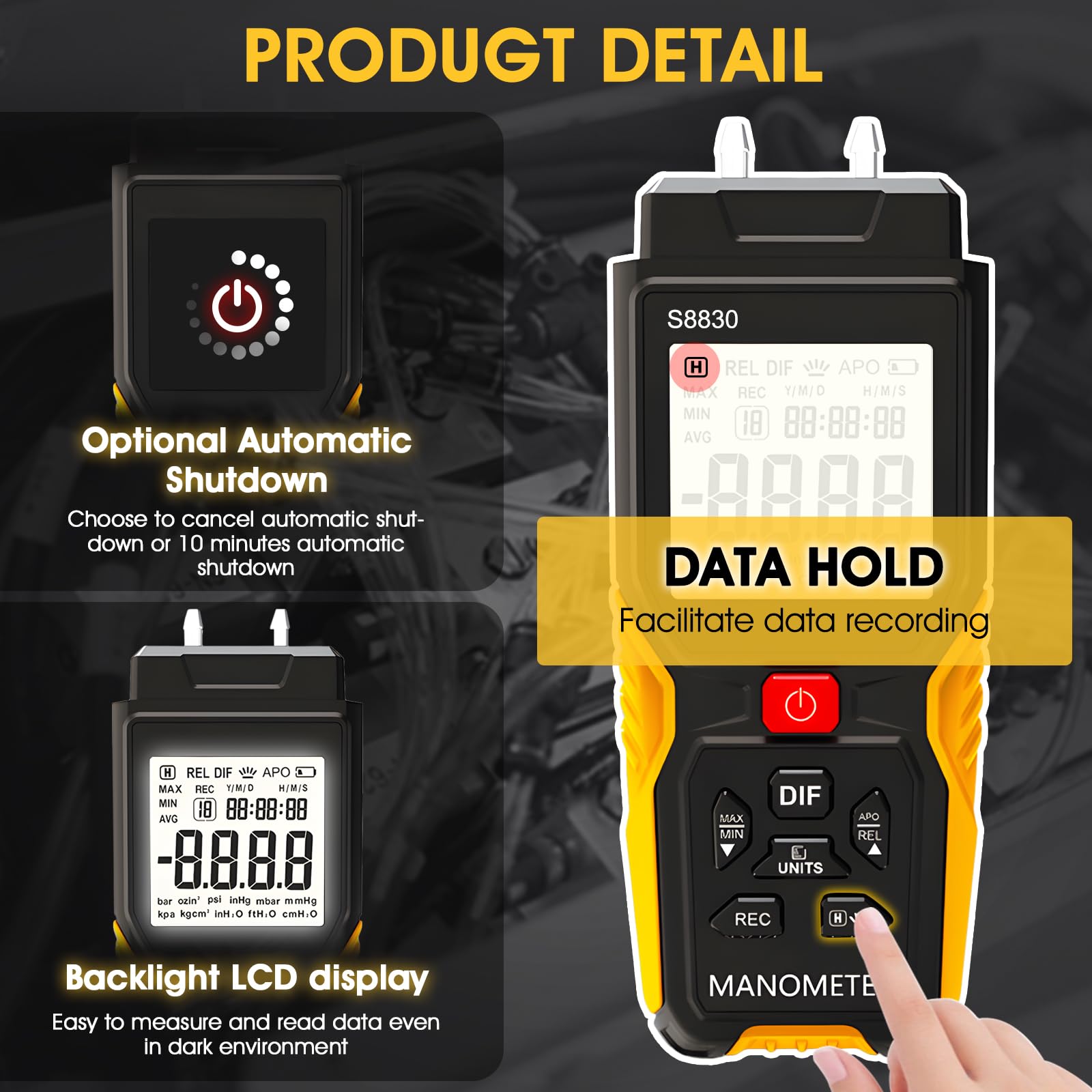 H HOLAPEAK Manómetro digital, ± 36,80 kPa, manómetro de gas HVAC para medir la presión diferencial de sobrepresión presión negativa, manómetro diferencial, 12 unidades seleccionables y 99 memorias de