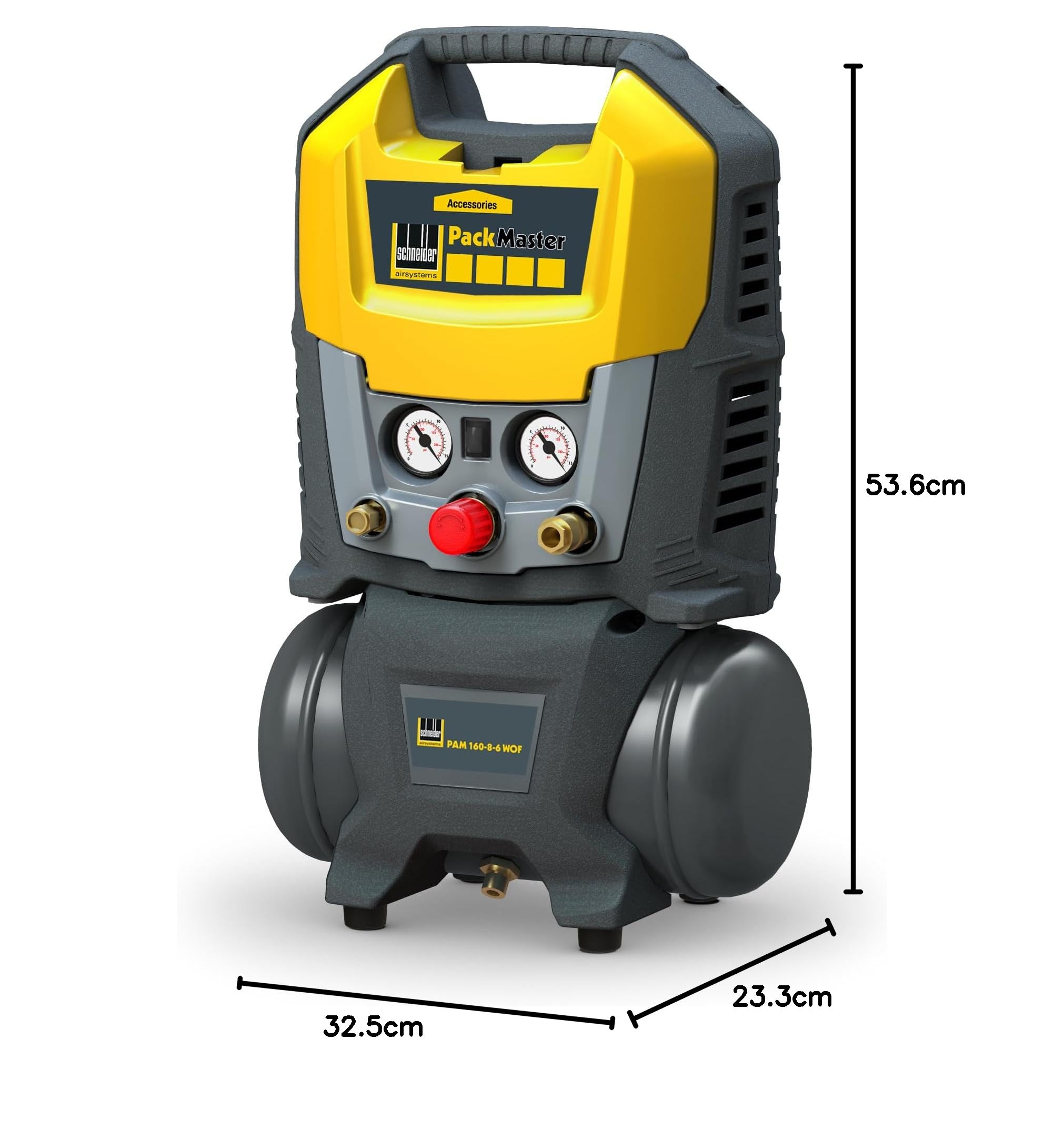 SCHNEIDER PackMaster Tragbarer Kompressor in Kofferausführung 6 Liter, ölfreier Kompressor mit flexiblem Schlauch, maximaler Druck: 8 bar, Leistung: 1,5 PS, Geräuschpegel: 88 dB LwA