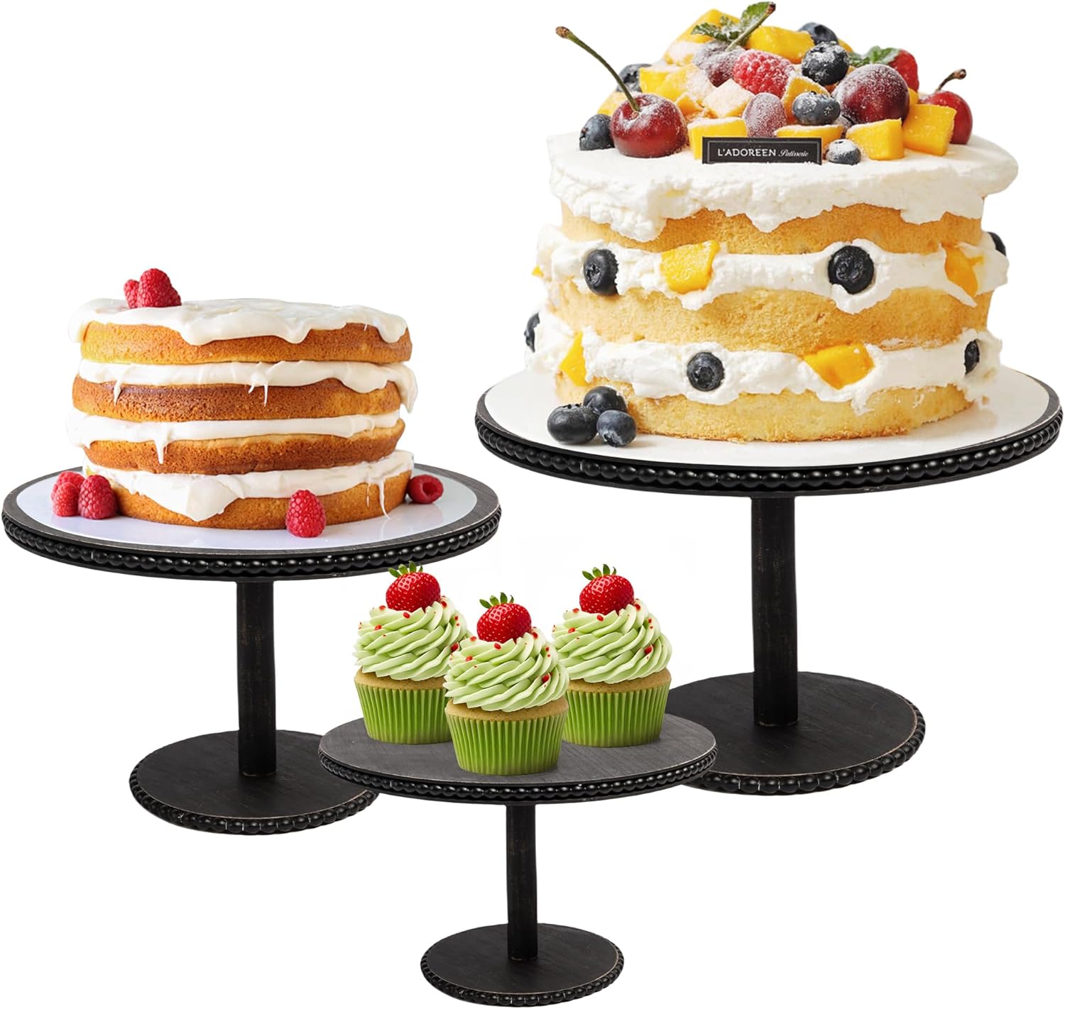 GENMOUS 8", 10", 12" Rustic Farmhouse Cake Stand, Decorative Wooden Beaded Cake and Cupcake Stand Combo for Birthday Party Decor, 3 Tiered Dessert Table Display Set for Wedding, Baby Shower, Black