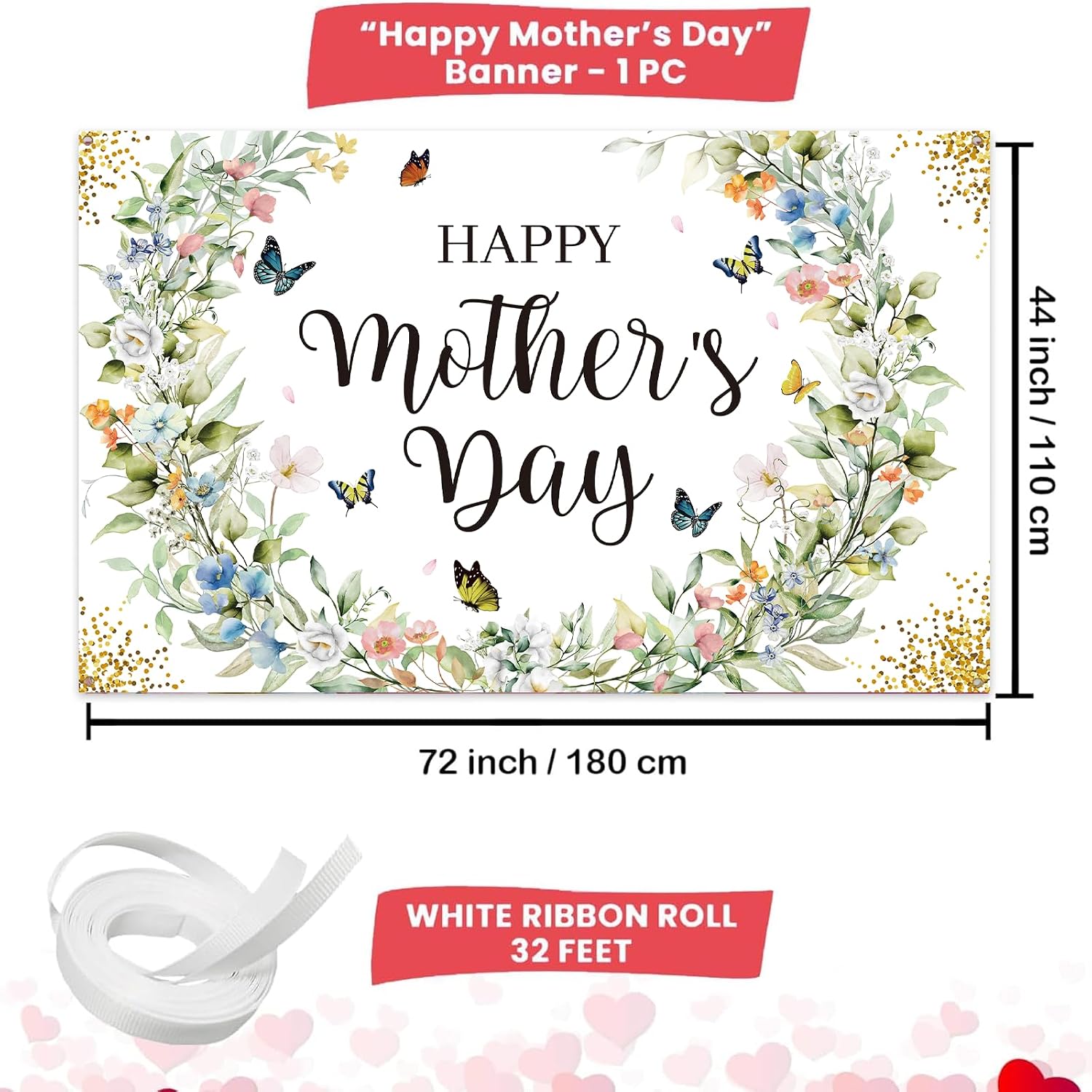 Large Happy Mother's Day Banners 71x44 Inch Butterfly Flowers Backdrop Mothers day Decorations for Garden Yard Sign Outdoor Indoor Home Party Decor Photography Studio Photo Backgrounds Mom Gifts image 2