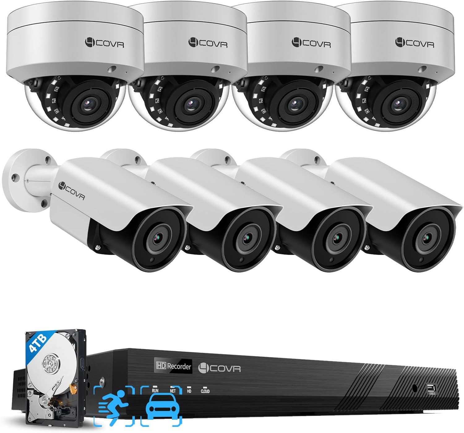 4COVR 16 Channel PoE Security Camera System for Business, Human Vehicle Detection, 4K NVR with 4TB HDD, 4 Dome IK10 Vandal-Proof 4 Bullet 5MP Wired IP Camera IP67 Outdoor, Remote Access, LYH54A5M1608