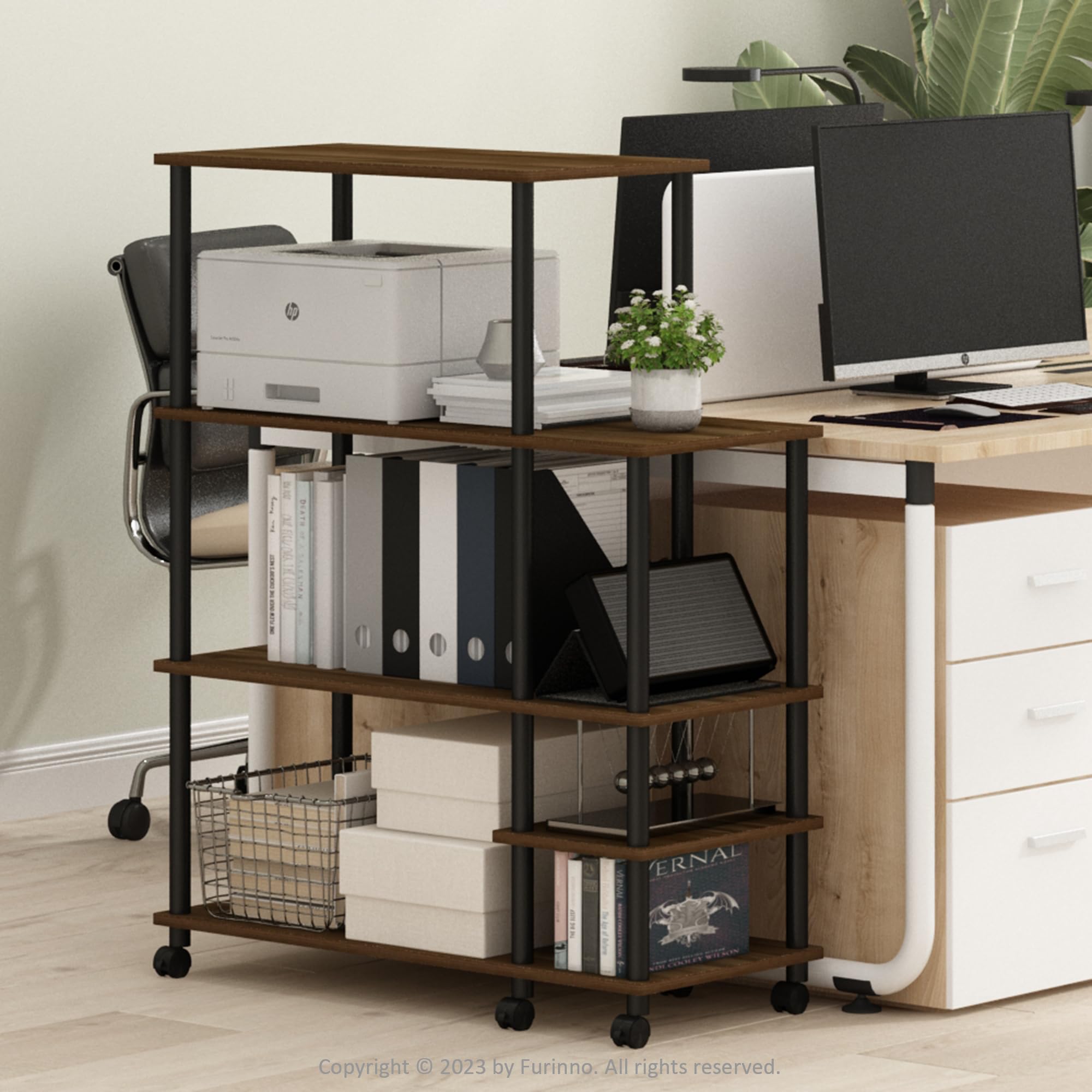 Furinno TURN-N-TUBE Printer Stand, Wide 4-Tier Printer Table with with Storage Shelf and Casters, Open Frame Standing Shelf, for CPU, Office Supplies, Home Office, Columbia Walnut