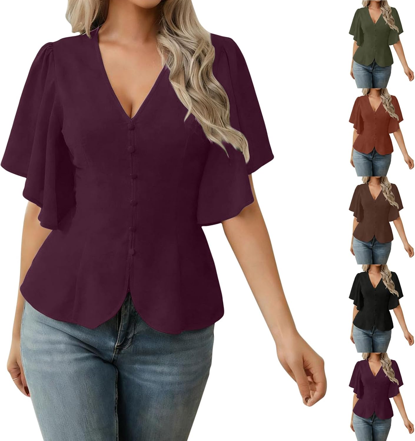 Womens Dressy Casual Tops V Neck Business Classic Blouses Ruffle Short Sleeve Work Shirts Summer Fashion Clothes
