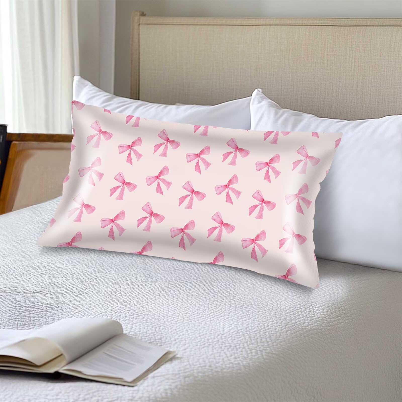 Pink Ribbon Bow Silk Satin Pillowcase for Hair and Skin,Long Pillow Cover King Size Pillowcases Envelope Closure,Bedding Pillow Covers Watercolor
