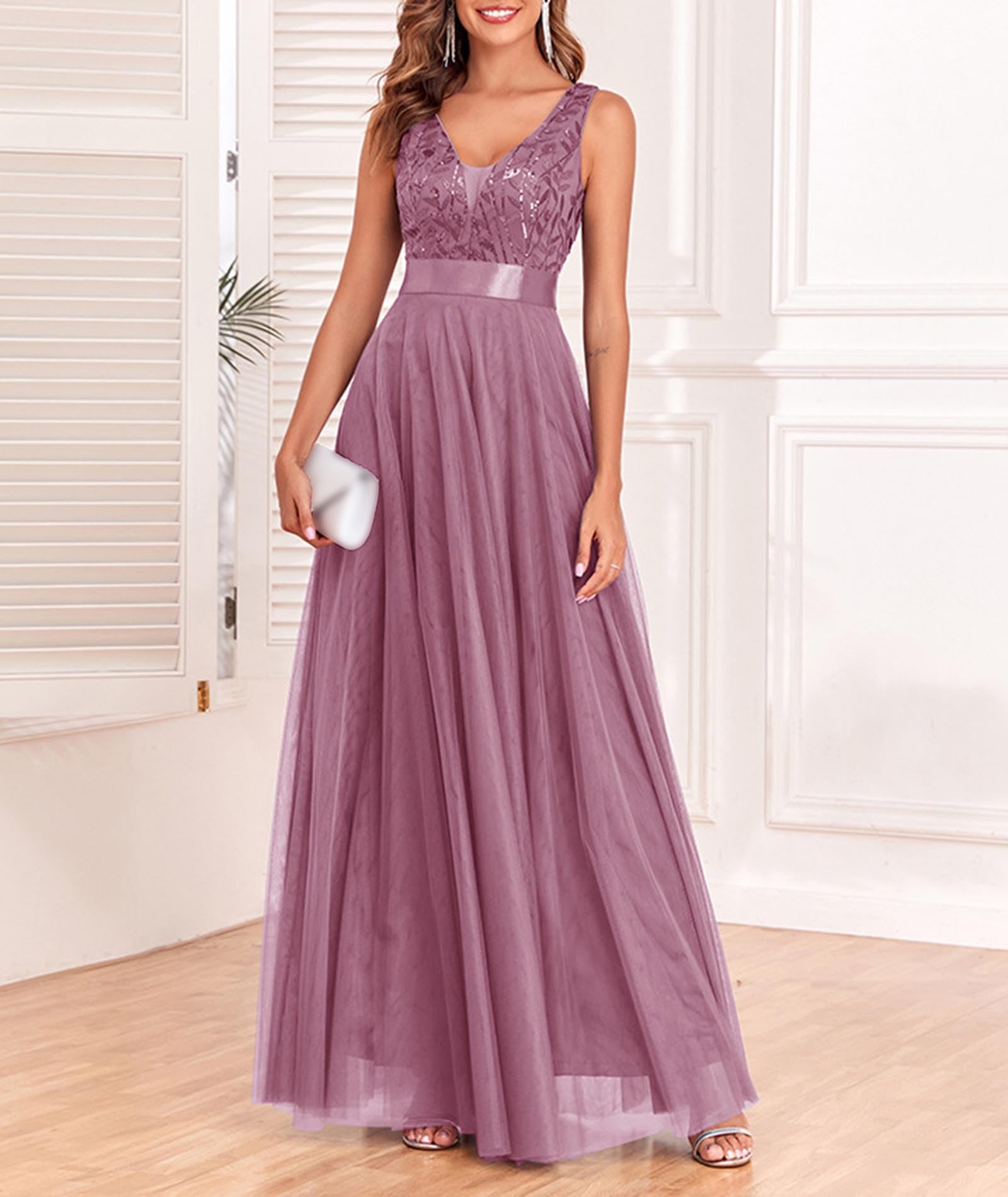 ECDAHICC Vestido de cóctel para mujer, vestido de noche, elegante, para boda, de tul, bordado, largo, sin mangas, cuello en V, vestido de fiesta