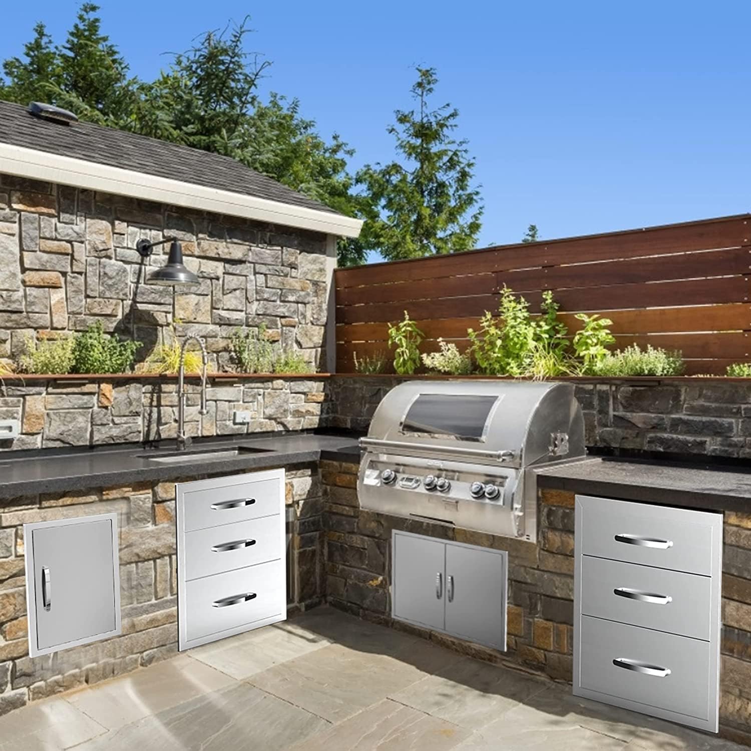 Outdoor Kitchen Drawers, BBQ Drawers for Outdoor Grill Station, 20''W x 27''H x 23''D Stainless Steel Built-in Cabinet with Handle, Weatherproof and Durable Storage for BBQ Accessories and Trash