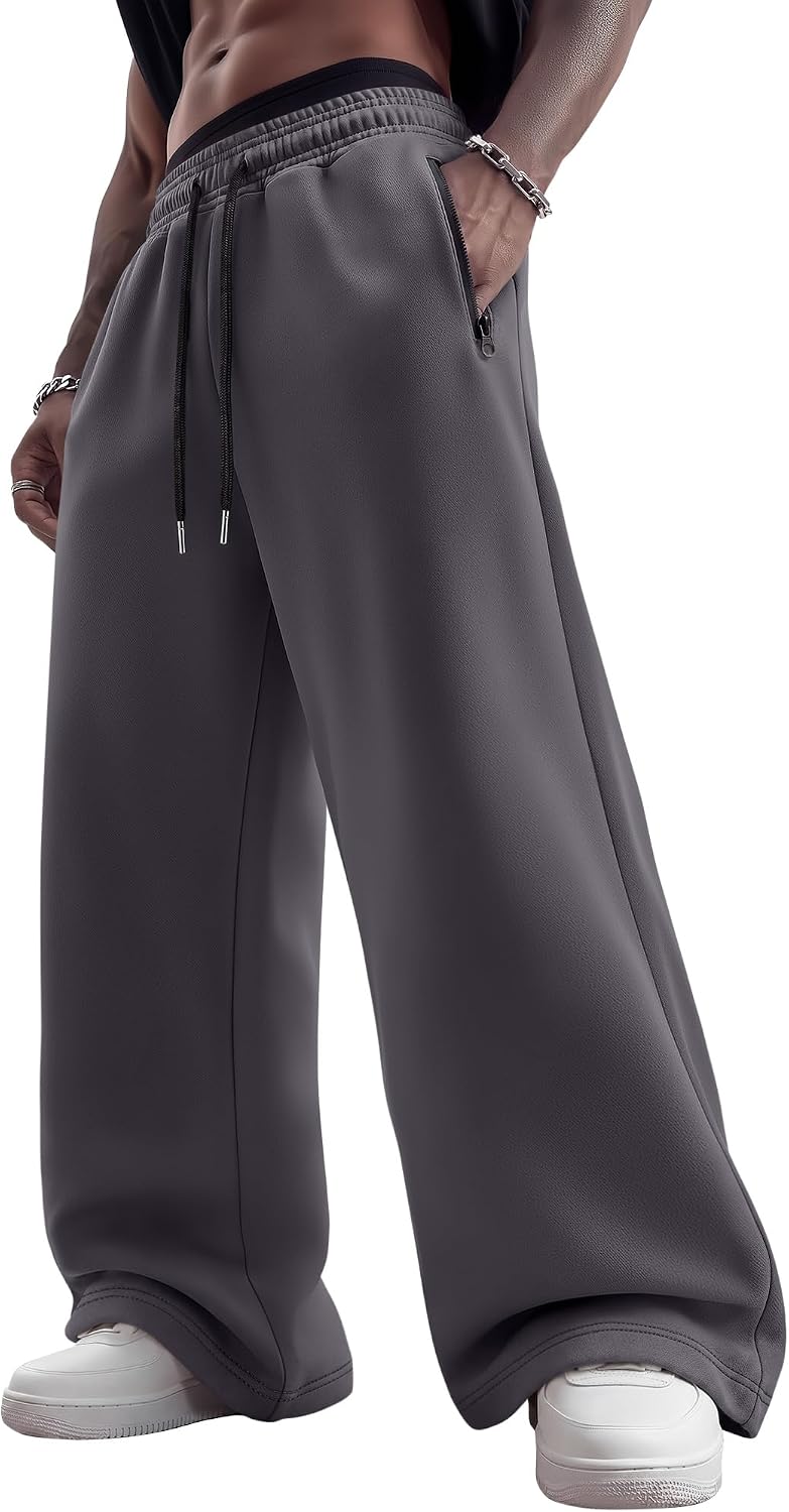 Ficerd Men's Baggy Sweatpants Wide Leg Open Bottom Athletic Joggers Casual Elastic Waist Drawstring Pants Pockets with Zipper