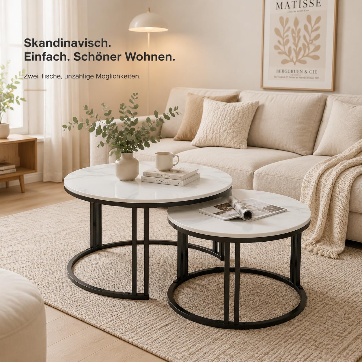 FATIVO Couchtisch Rund 2er Set Marmor Optik Weiß mit schwarz Metallrahmen