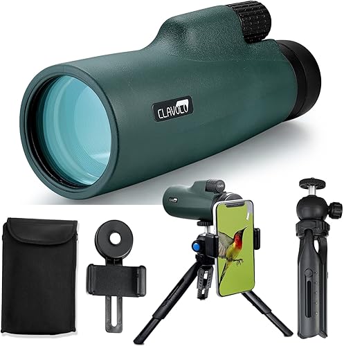 CLAVOLO Telescopio monocular HD de 12 x 50 con adaptador de teléfono inteligente y trípode de mesa