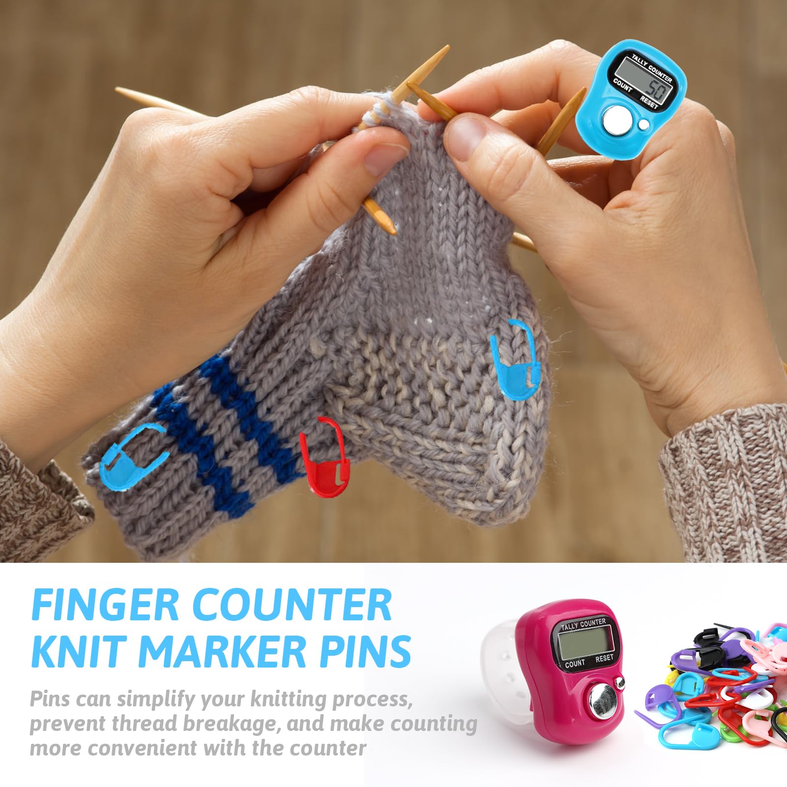 Compteur Digital De Doigts Pour Tricot Et Sport – 2 Pièces + 50 Pinces à Crochet – Compteur Manuel