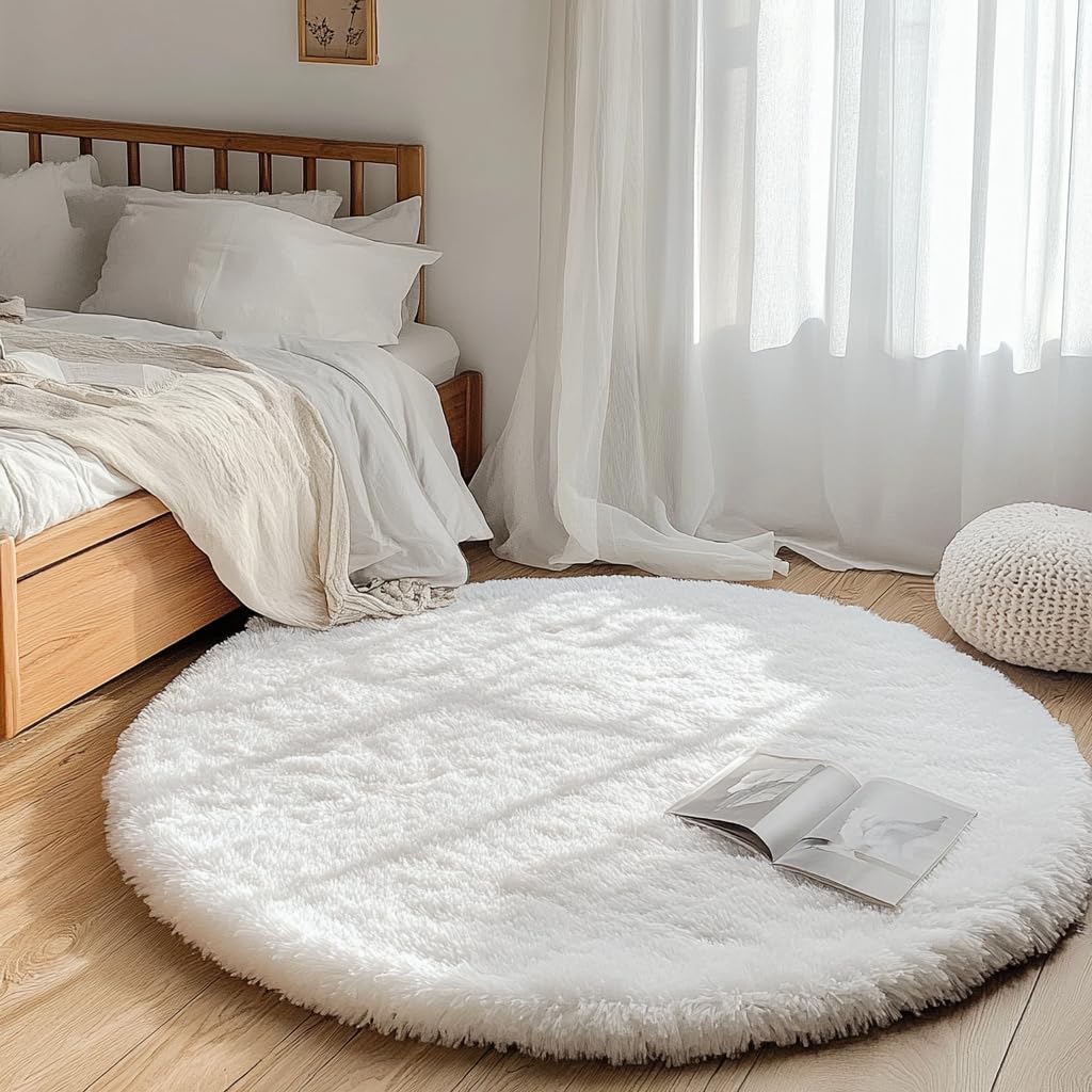 Tenekee Tappeto Rotondo Peloso Soggiorno Tappeti Soffici per Grandi Dimensioni Salotto Moderno Tappeto Morbido e Soffice per Salotto Cameretta Tavolino da Letto (80cm, Bianco)