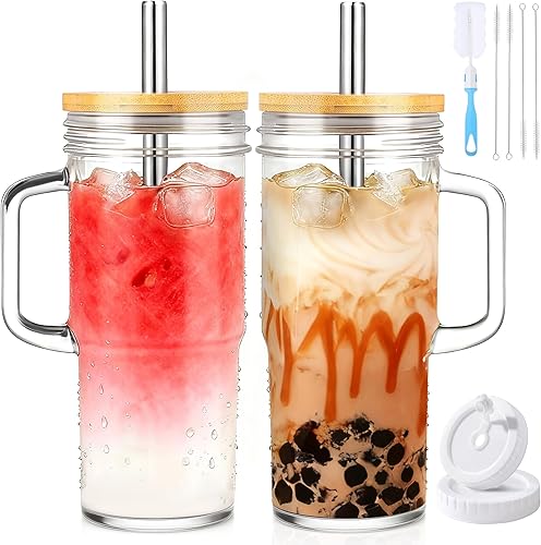 Birity Tazas de vidrio de 24oz con tapas y popotes, vaso de vidrio con asa, 2 juegos Tazas de café helado reutilizables con tapa y popote para