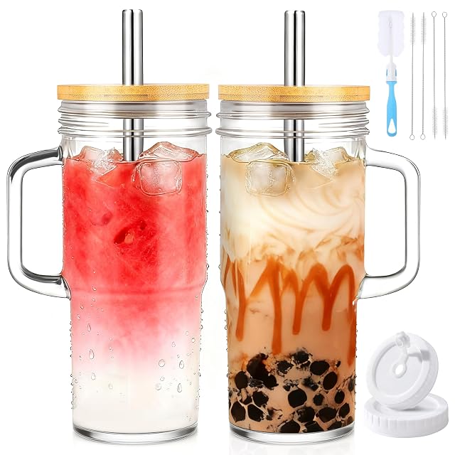 Birity 24oz Glass Cups with Lids and Straws Glass Tumbler with Handle 2 set Reusable Glass Ice Coffee