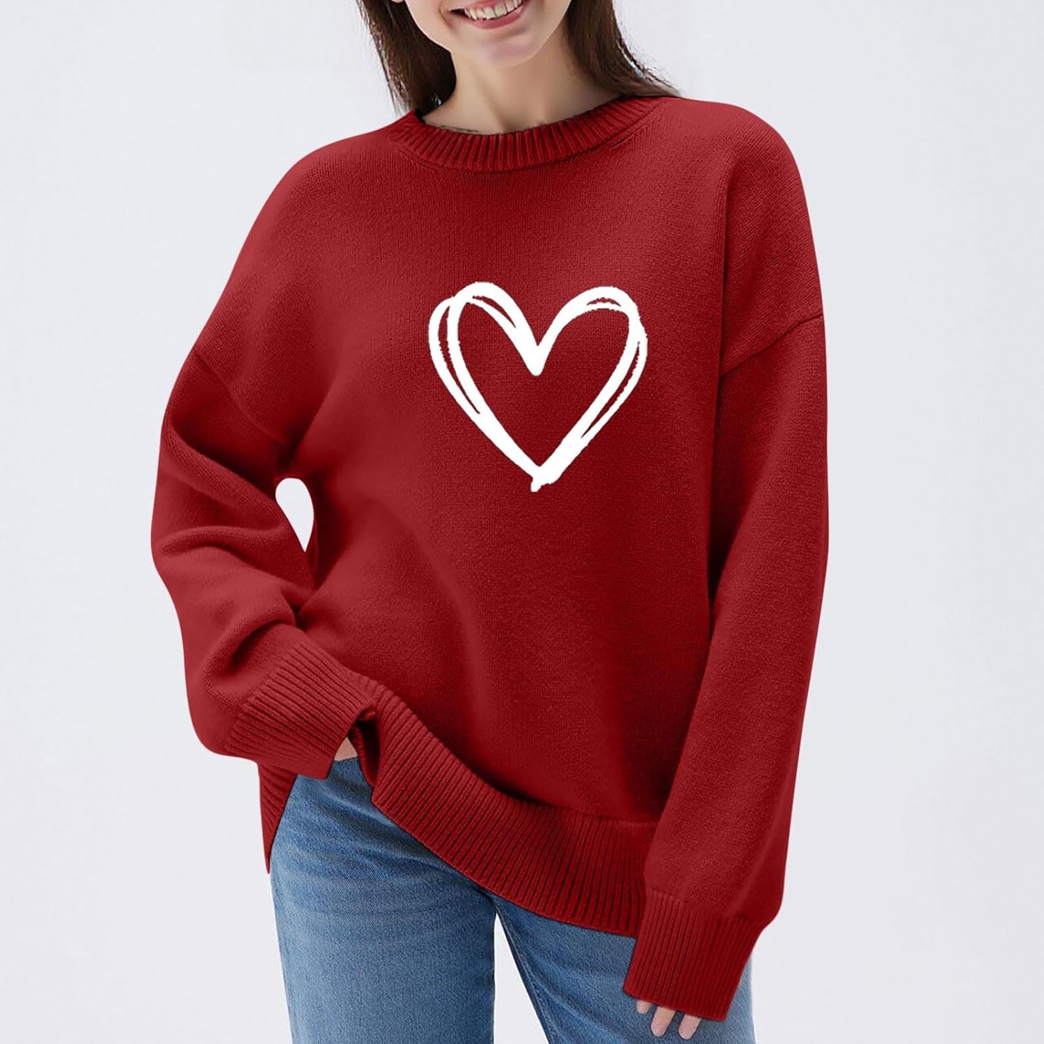 Valentine Sweater for Women Cute Heart Print Valentines Day Knit Tops Casual Long Sleeve Crewneck Spring Sweaters