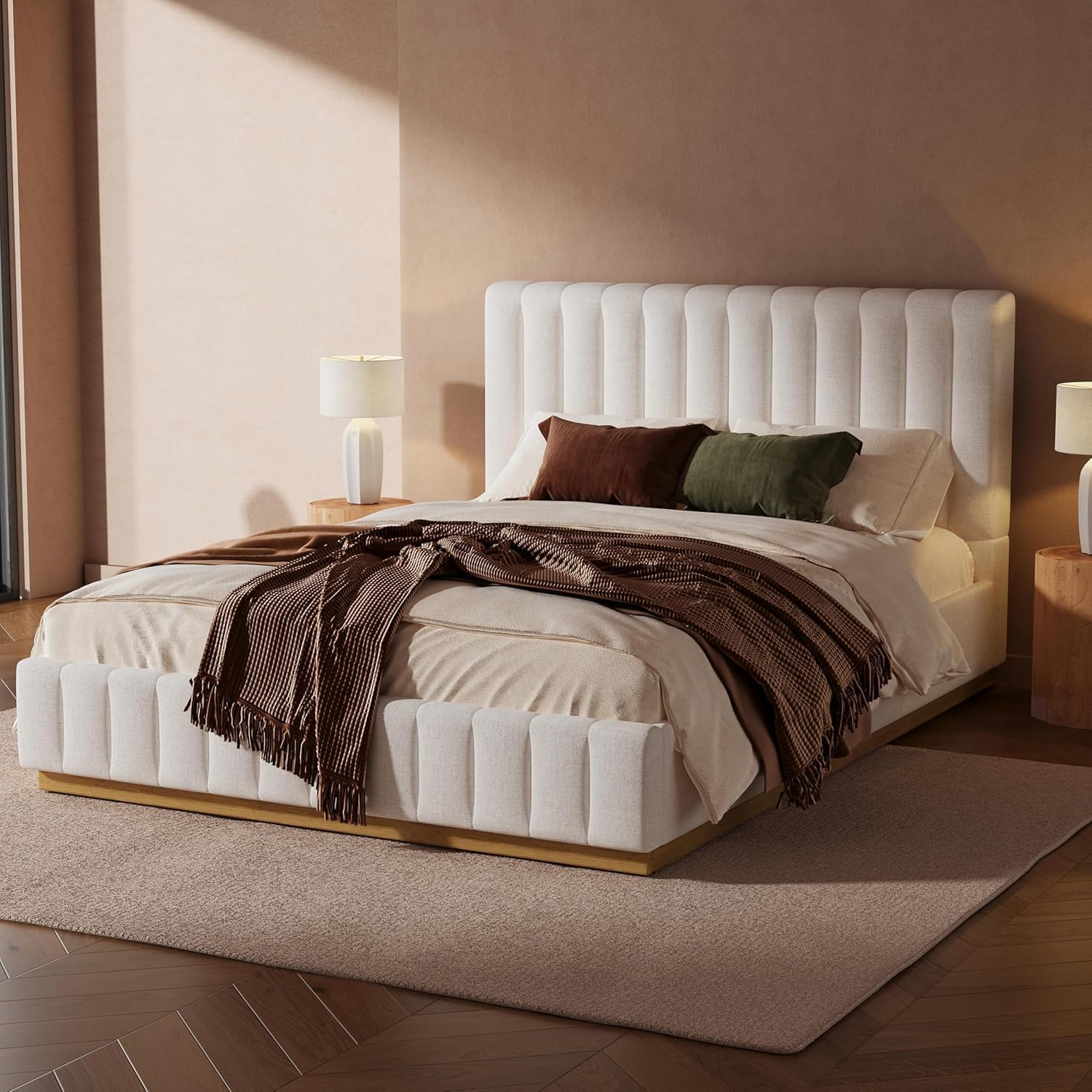 MERITLINE Queen Upholstered Bed with Headboard, Solid Wood Modern Floating Bed Frame with Upholstered Headboard and Slats Support,No Box Spring Needed, Easy Assembly (Beige,Queen)
