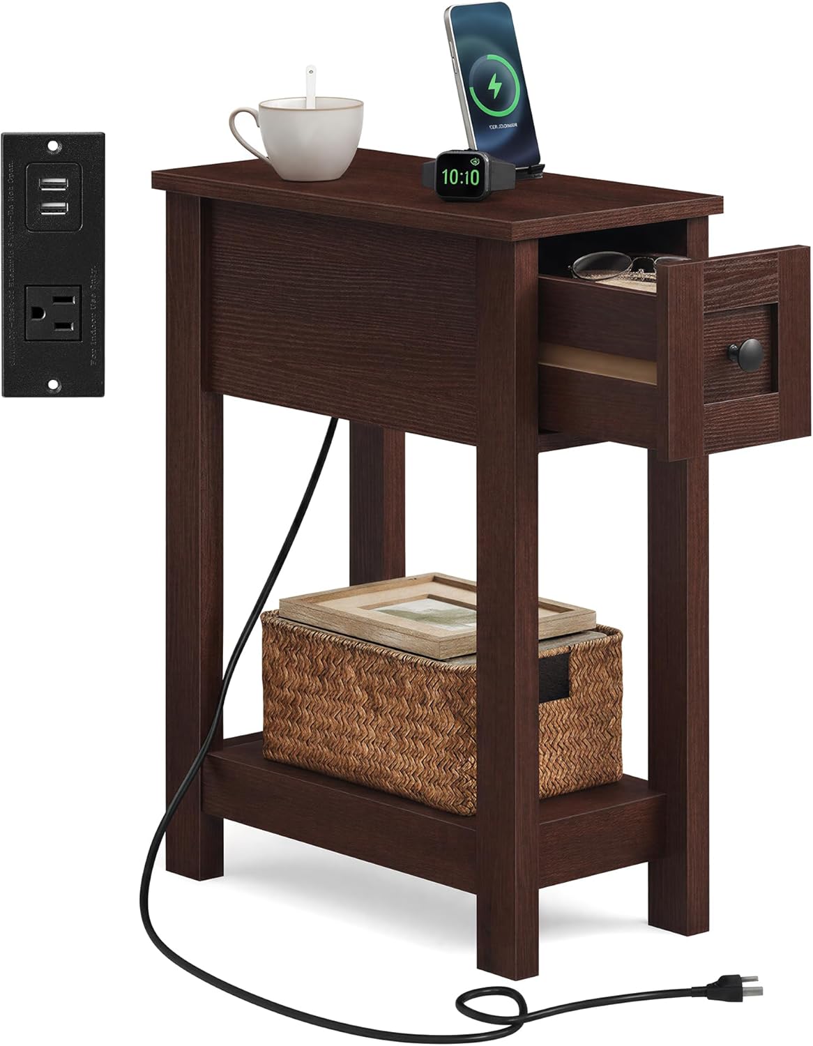 VASAGLE Farmhouse End Table with Storage Drawer, Narrow Side Table with Charging Station, Nightstand, Easy Assembly, for Living Room, Bedroom, Saddle Brown ULET328K01