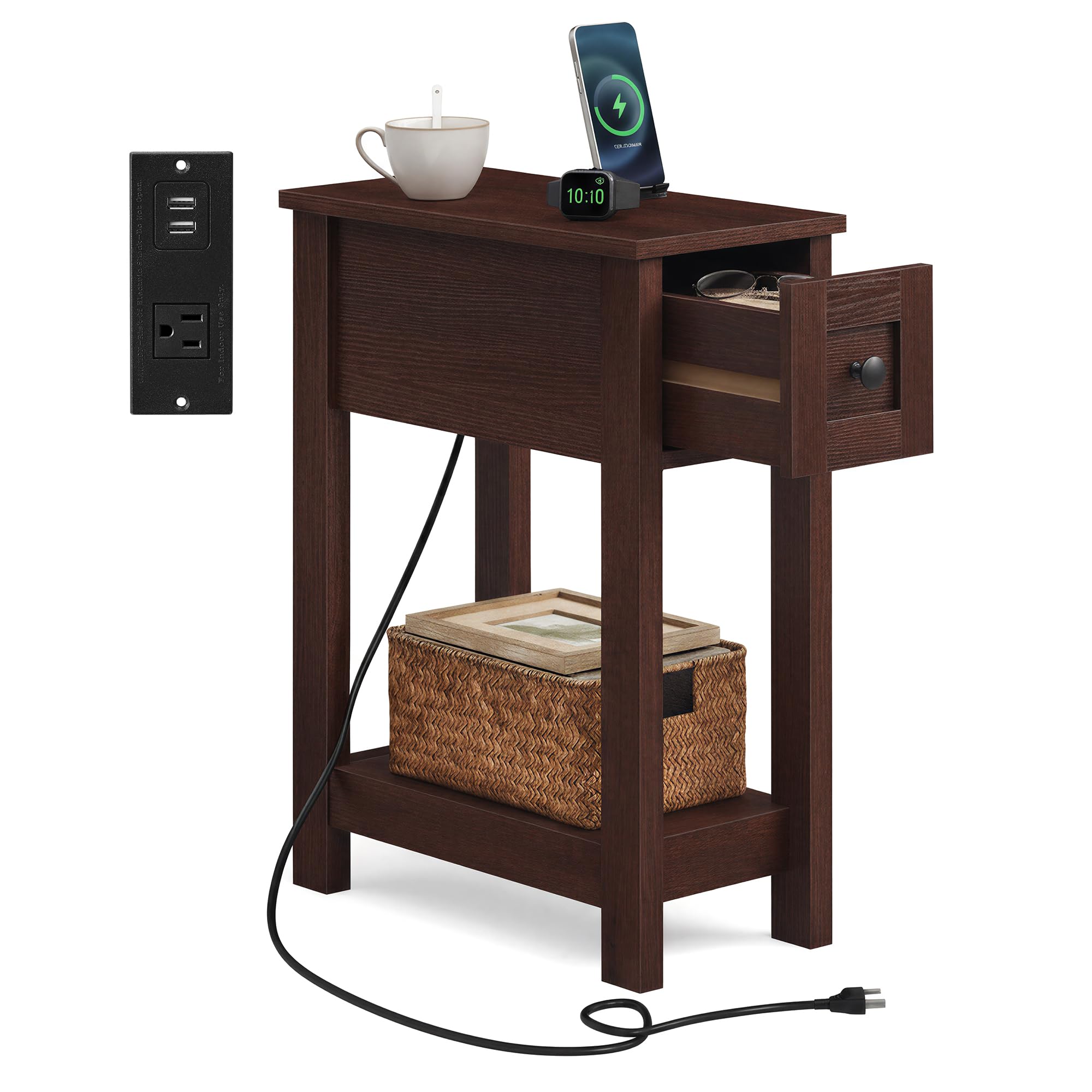 VASAGLE Farmhouse End Table with Storage Drawer, Narrow Side Table with Charging Station, Nightstand, Easy Assembly, for Living Room, Bedroom, Saddle