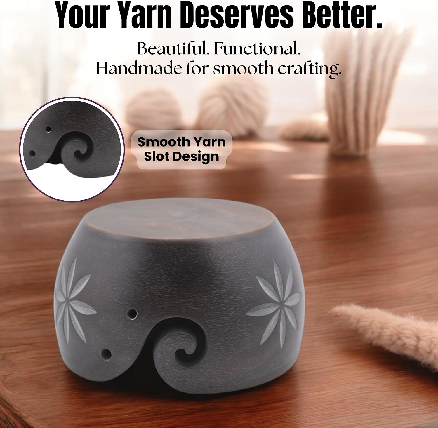 Hind Handicrafts Premium Wooden Yarn Bowl – Handmade Indian Rosewood Yarn Holder for Knitting & Crochet – Portable & Sustainable Gift for Craft Lovers (6" x 6" x 4", Purple)